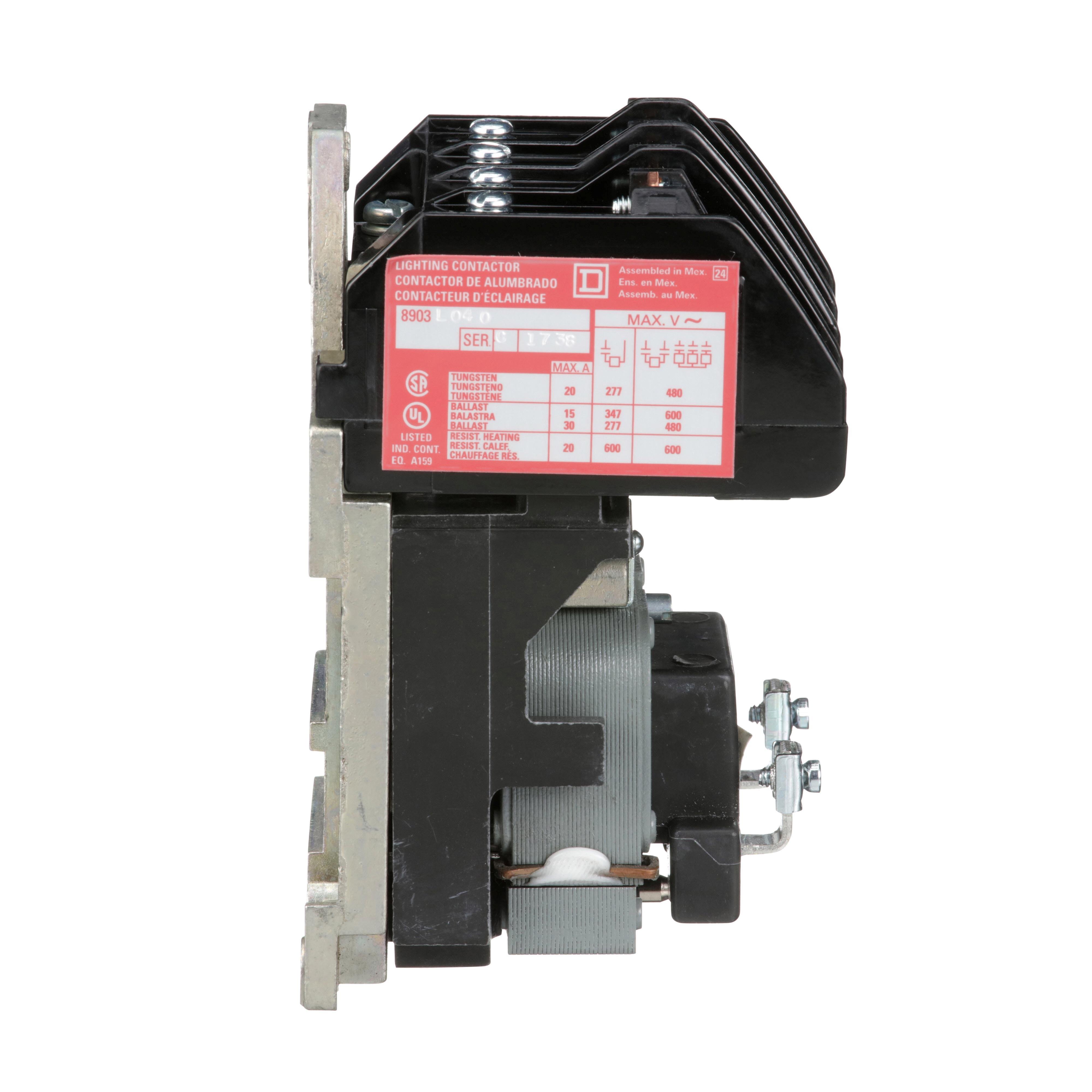 Picture of 8903LO40V02 - Contactor, Type L, multipole lighting, electrically held, 30A, 4 pole, 600V, 110/120VAC 50/60Hz coil, open style