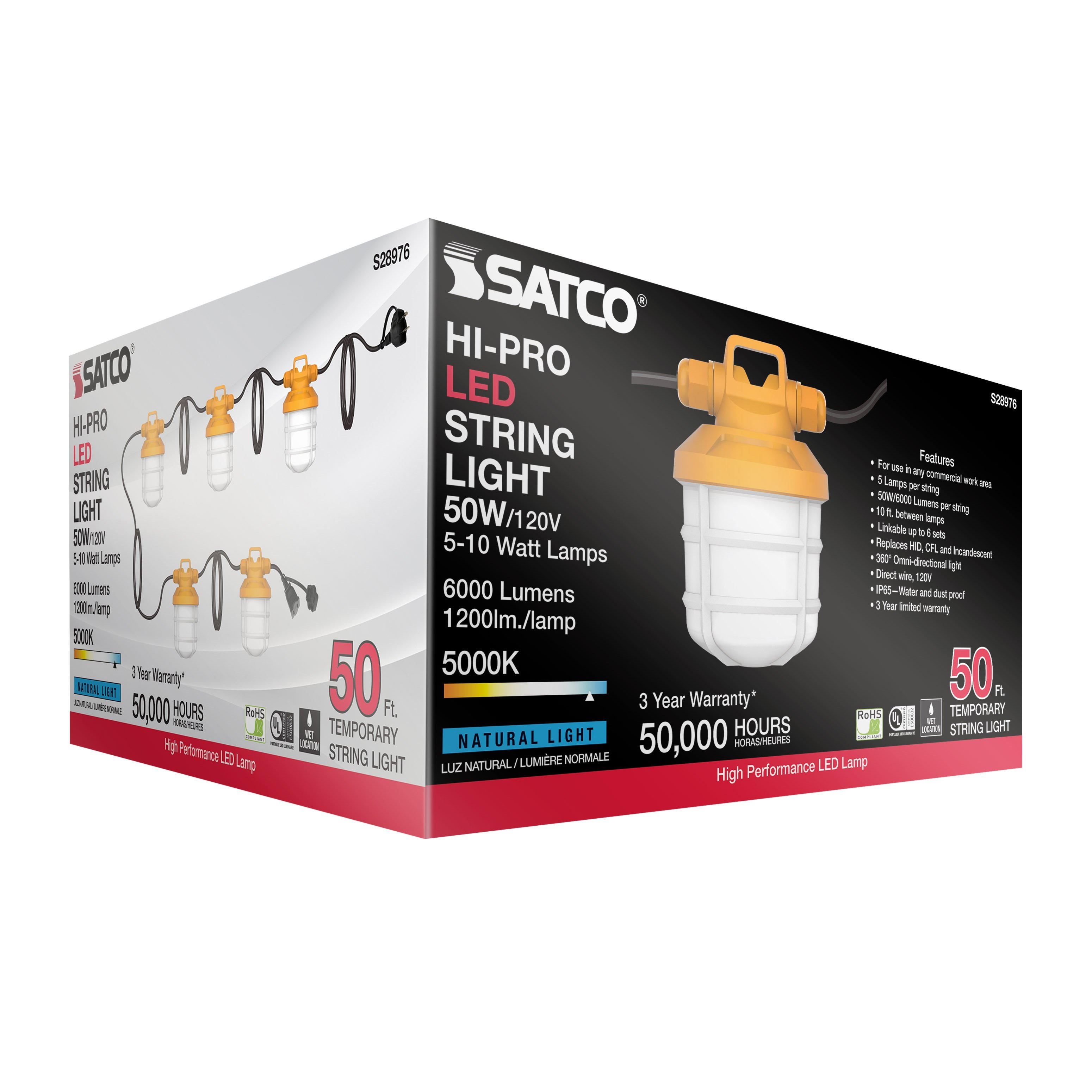 Picture of S28976 - 50 Watt LED High-Lumen Industrial / Commercial String Light - 5 Inter-Connected Lamps - 5000K - Integrated Cord / Plug - 120 Volt