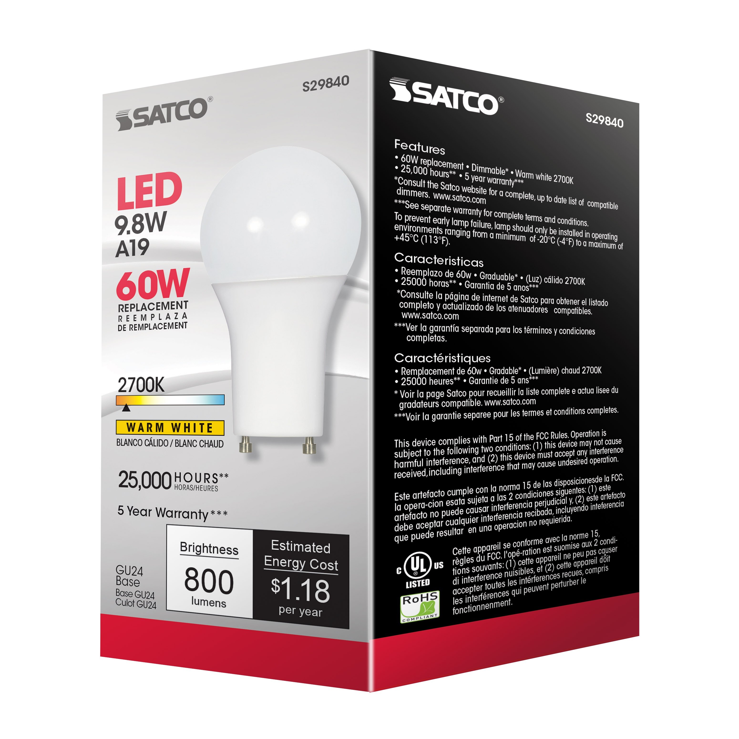 Picture of S29840 - 9.8 Watt - A19 LED - 2700K - GU24 base - 220 deg. Beam Angle - 120 Volt