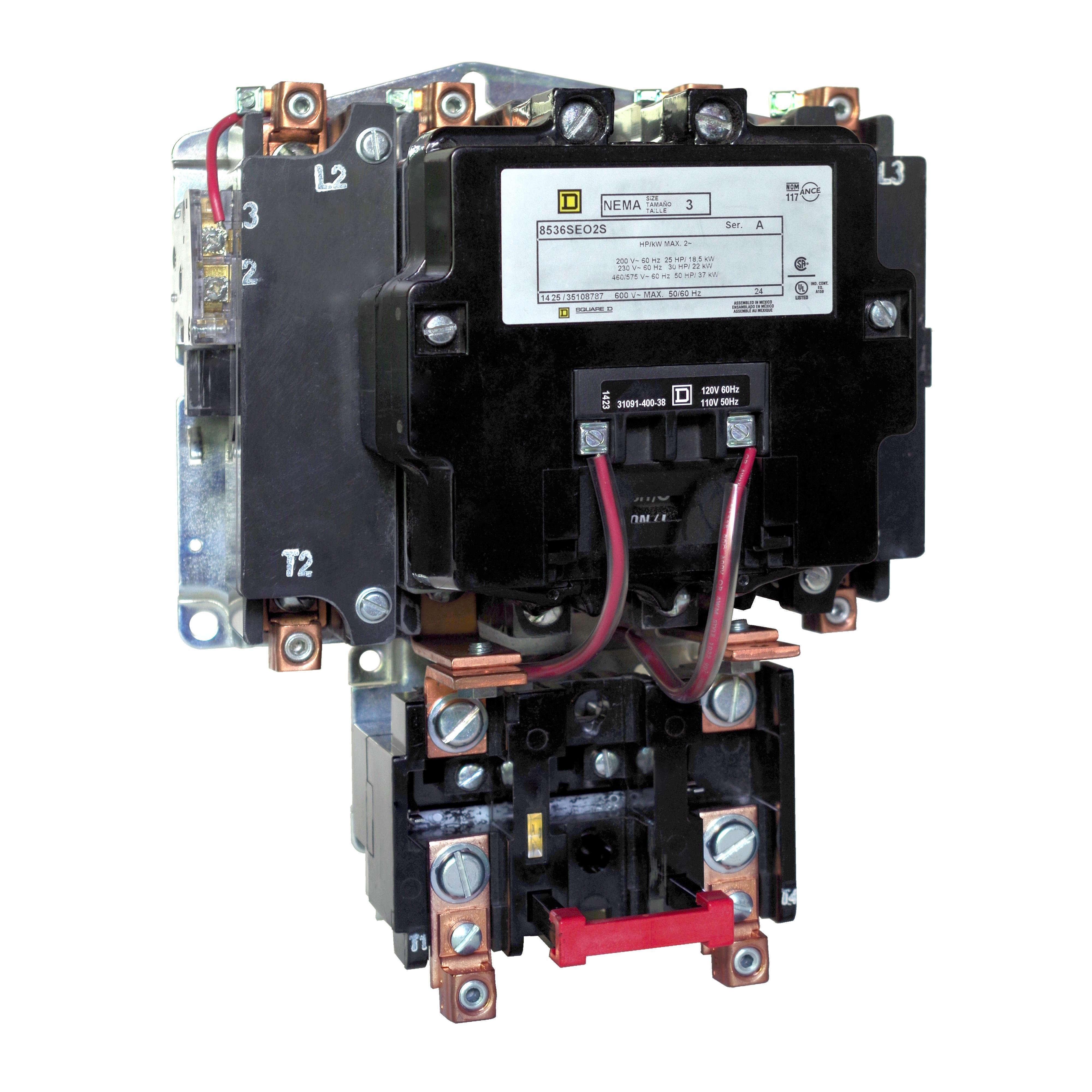 8536SEO1V03 - NEMA motor starter, Type S, nonreversing, Size 3, 90A, 50HP at 460VAC, 5kA SCCR, 3 phase, 3 pole, melting alloy, 240VAC coil, open [TAA]