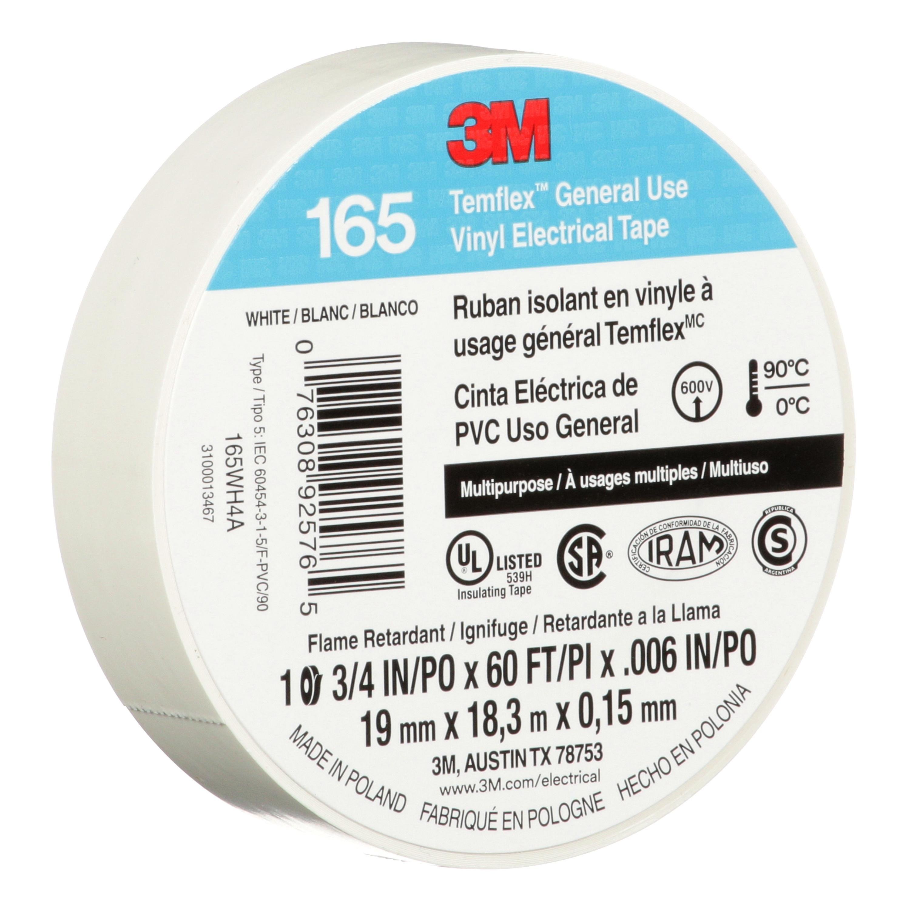 Picture of 7100169491 - 3M™ Temflex™ Vinyl Electrical Tape 165, White, 3/4 in x 60 ft (19 mm x 18 m), 6 mil, 100 Rolls/Case