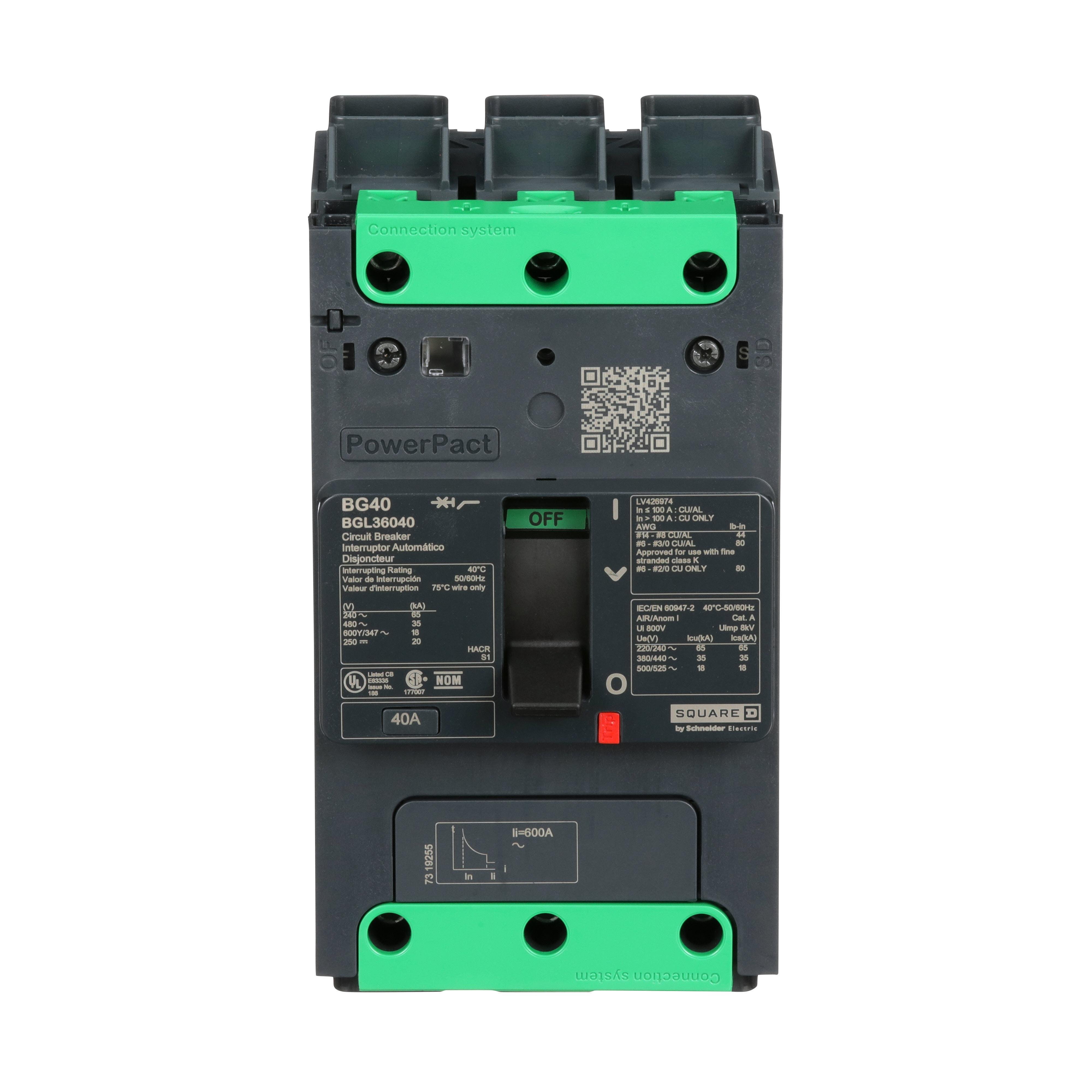 BGL36040 - Circuit breaker, PowerPacT B, 40A, 3 pole, 600Y/347VAC, 18kA, lugs, thermal magnetic, 80%