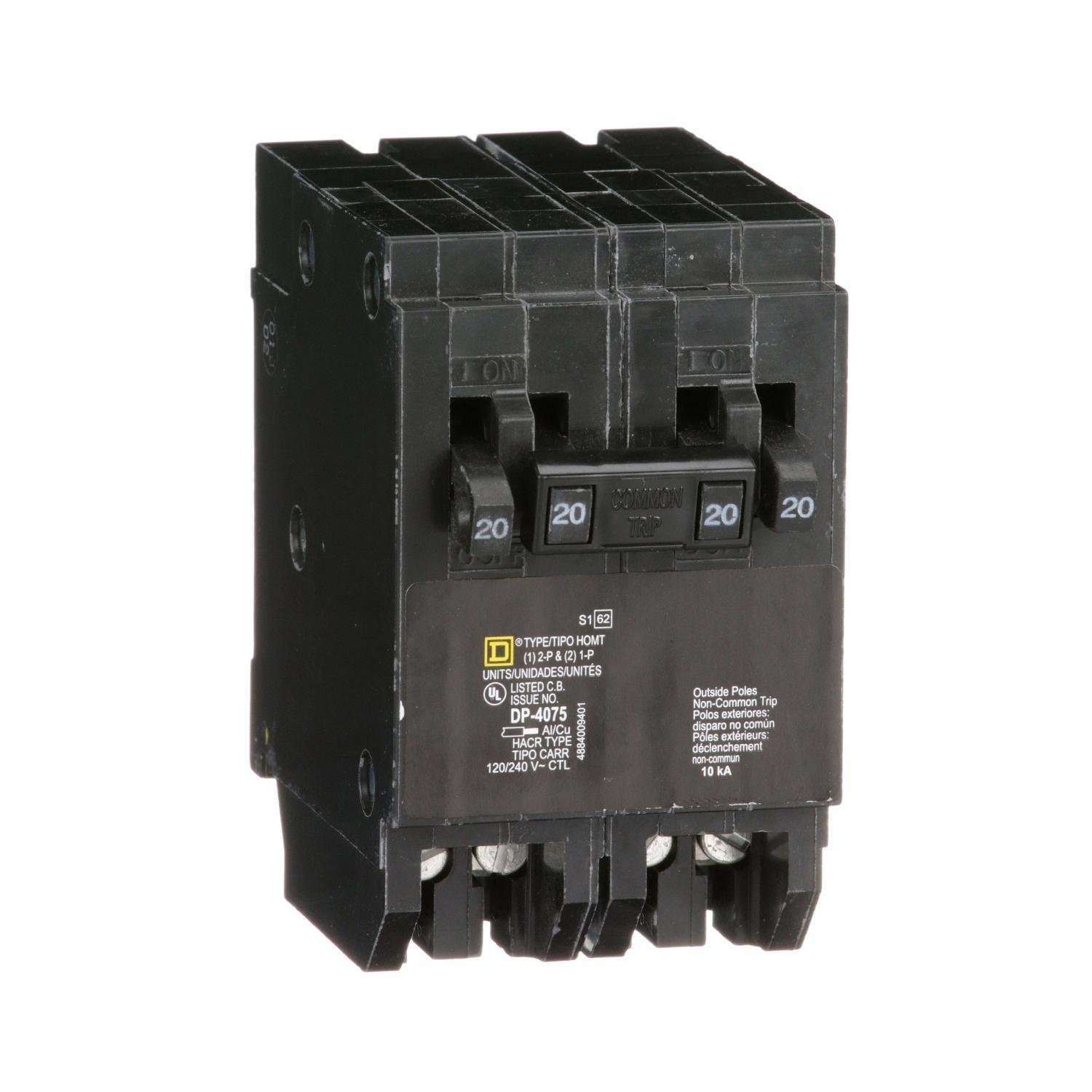 HOMT2020220 - Tandem circuit breaker, Homeline, 2 x 1 pole at 20A, 1 x 2 pole at 20A, 120/240VAC, 10kA AIR, plug in, UL