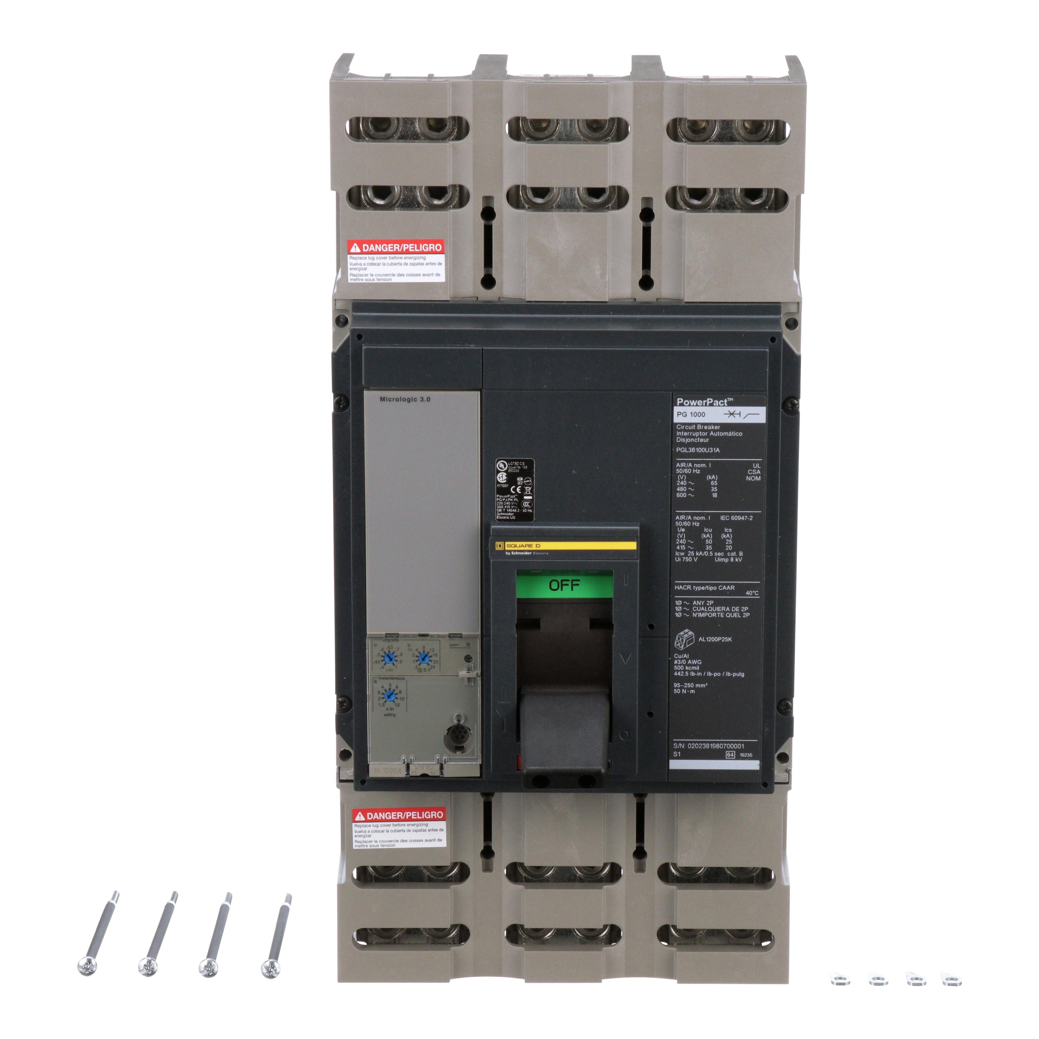 Picture of PGL36100U31A - Circuit breaker, PowerPacT P, 1000A, 3 pole, 600VAC, 18kA, lugs, Micrologic 3.0, 80%