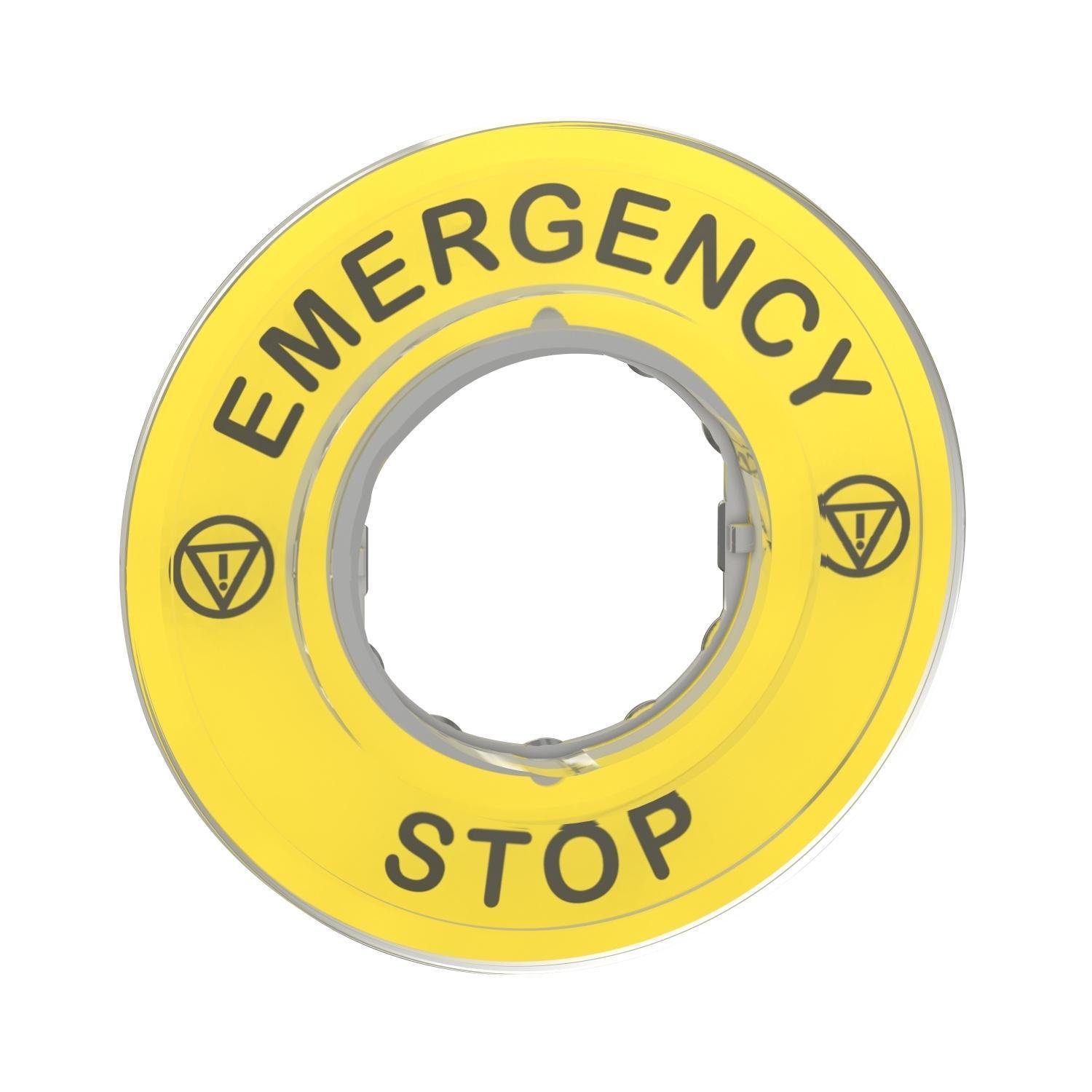 Picture of ZBY9320 - Legend holder 60mm for emergency stop, Harmony XB4, plastic, yellow, marked EMERGENCY STOP