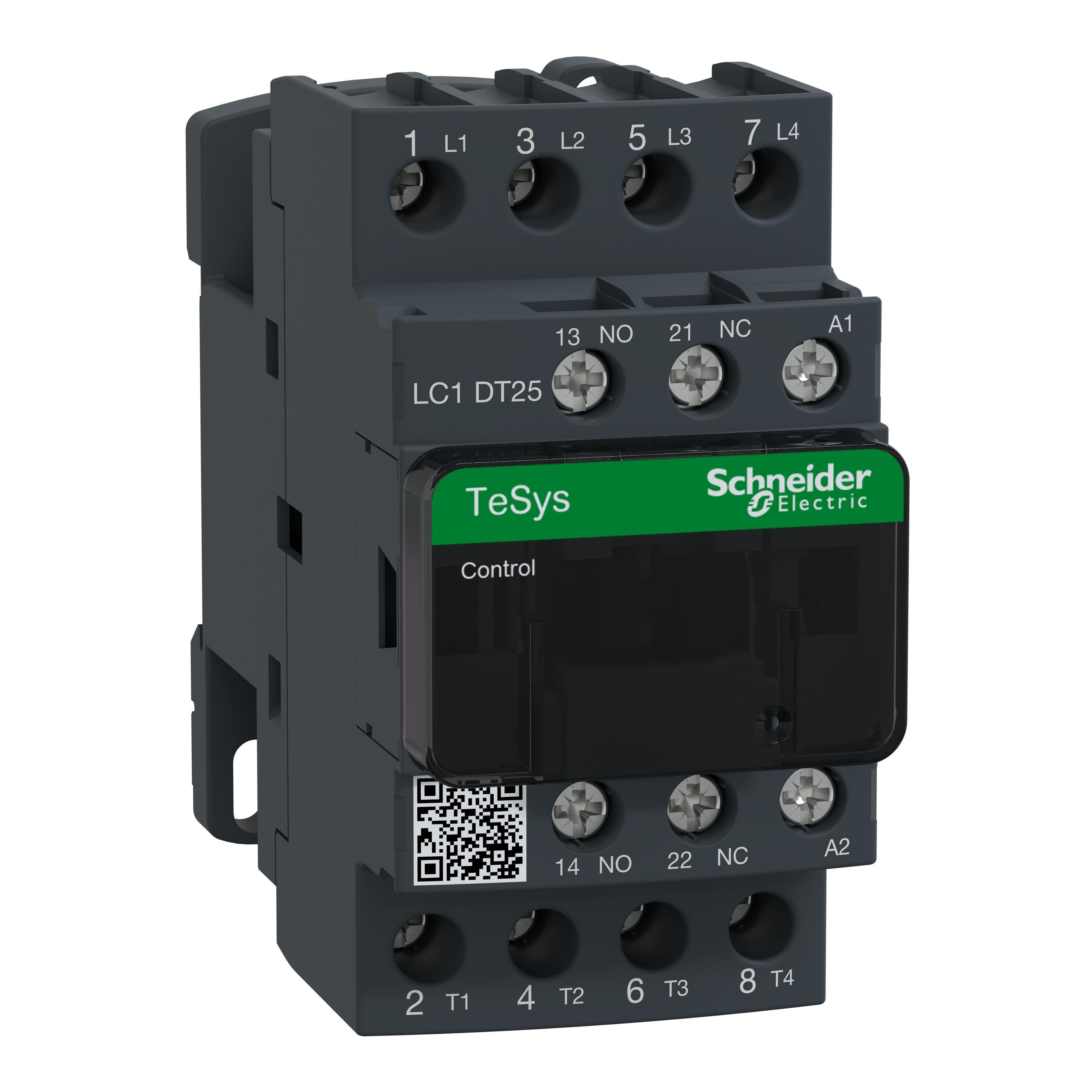 Picture of LC1DT25F7 - IEC contactor, TeSys Deca, nonreversing, 25A resistive, 4 pole, 4 NO, 110VAC 50/60Hz coil, open style