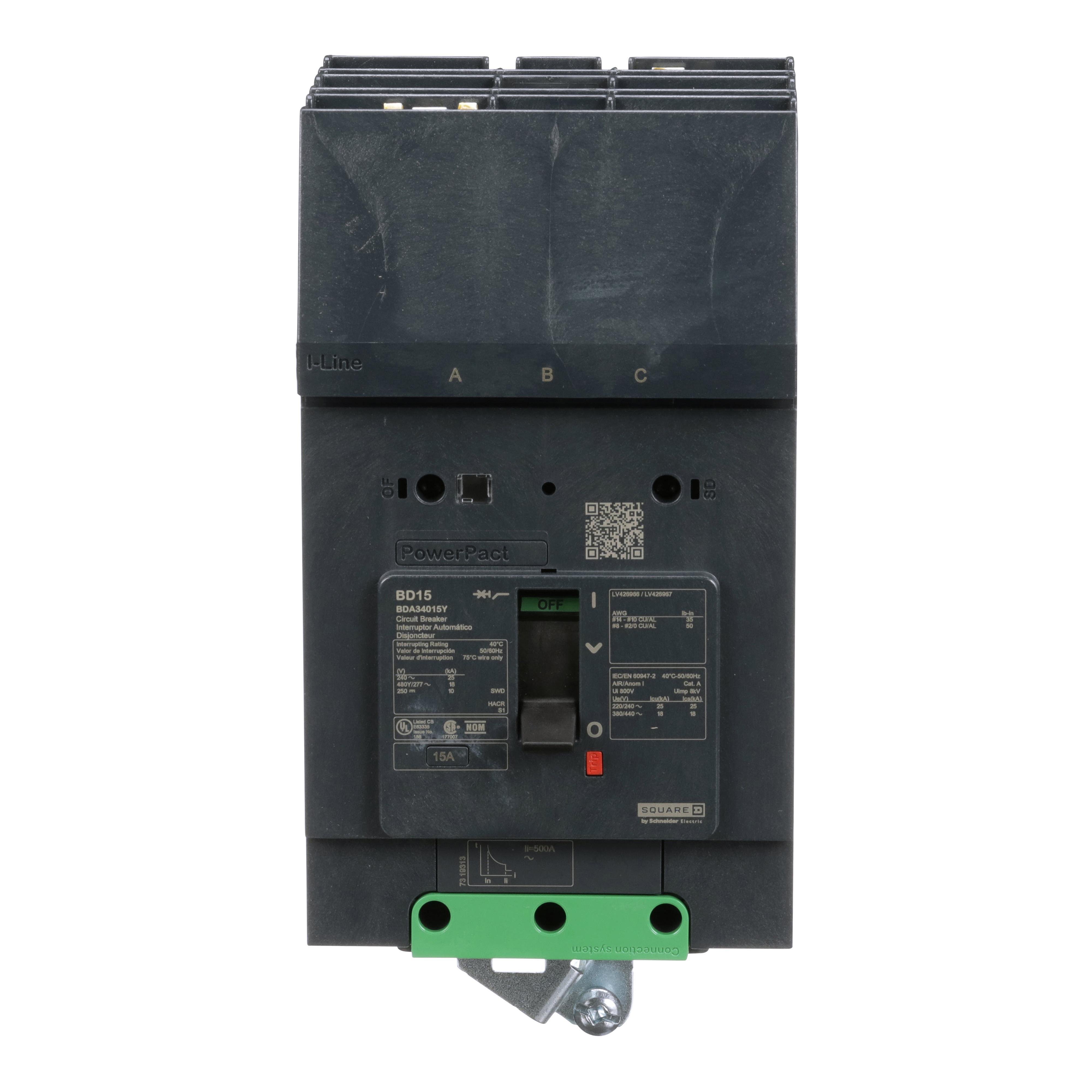 Picture of BDA34015Y - Circuit breaker, PowerPacT B, 15A, 3 pole, 480Y/277VAC, 18kA, I-Line, thermal magnetic, 80%, ABC
