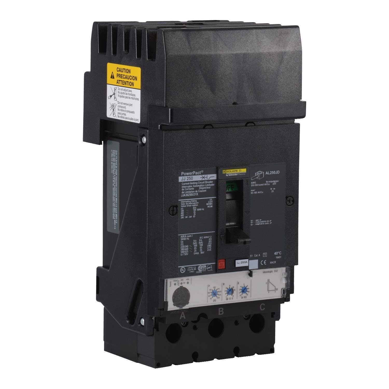 JJA36250U31X - Circuit breaker, PowerPacT J, 250A, 3 pole, 600VAC, 25kA, I-Line, Micrologic 3.2, 80%, ABC