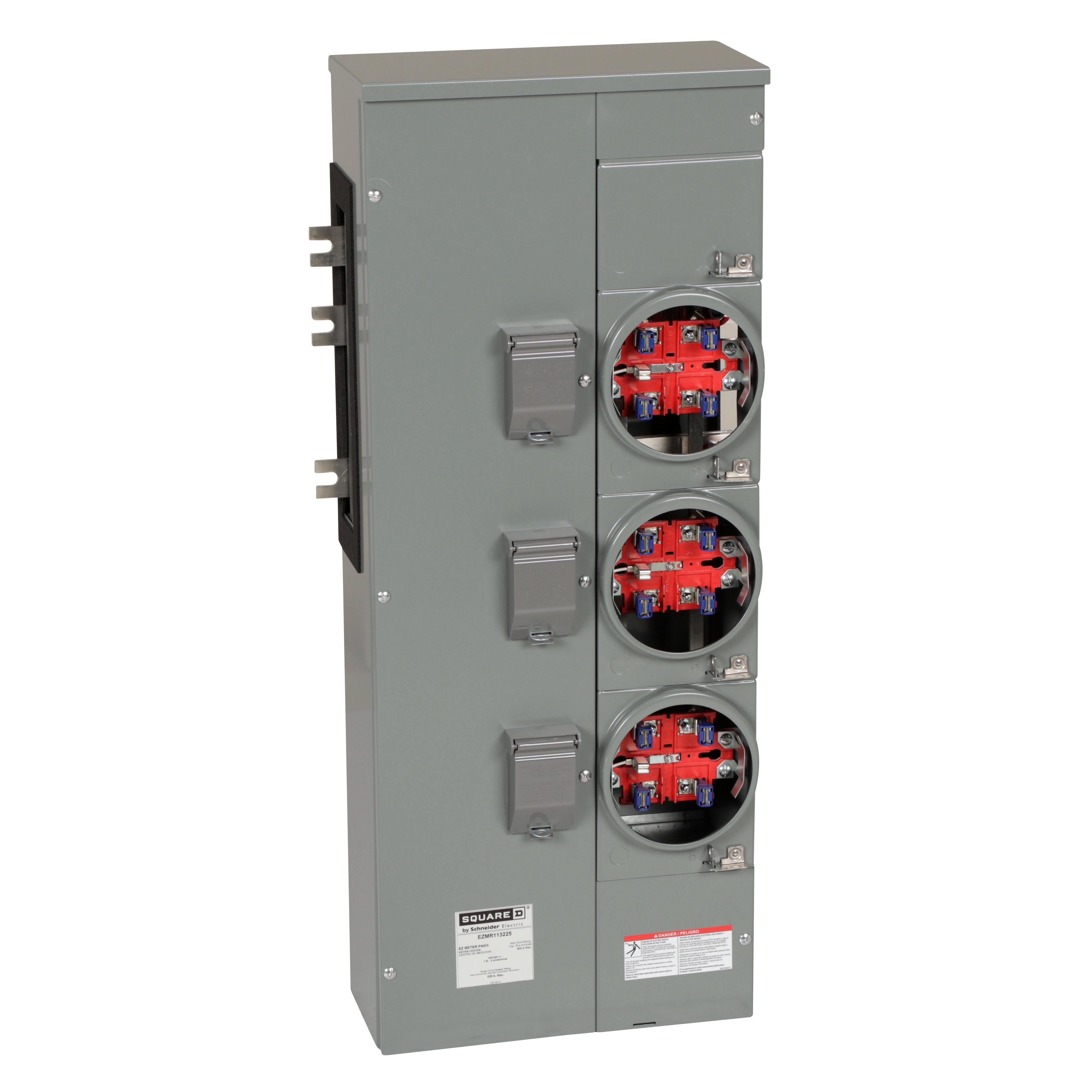 EZMR113225 - Branch unit, EZ Meter-Pak, 225A, 3 x 5 jaw sockets, 120/240VAC, no bypass, ringless, 800A Al busbar