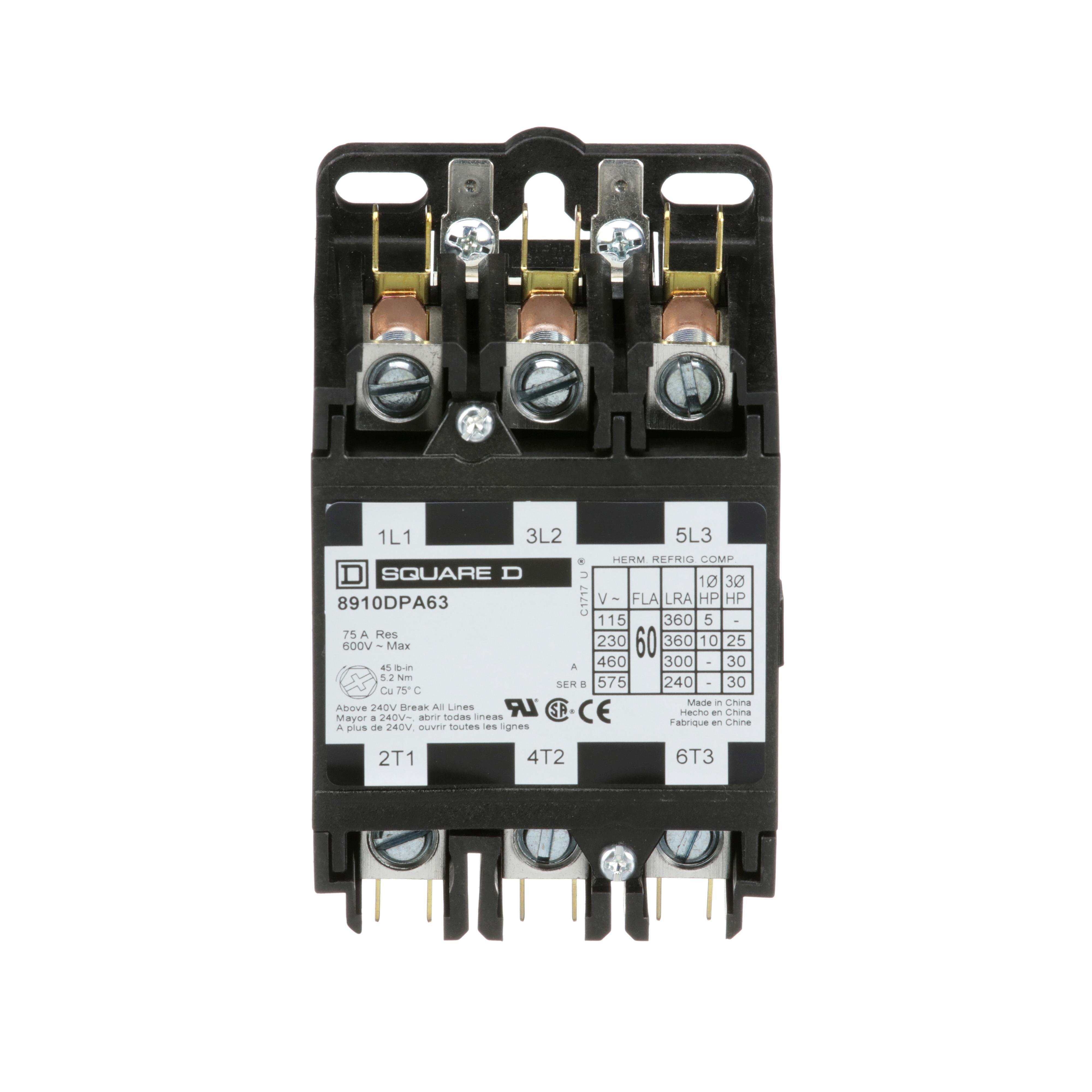 8910DPA63V02 - Contactor, Definite Purpose, 60A, 3 pole, 30HP at 575VAC, 3 phase, 110/120VAC 50/60Hz coil, open