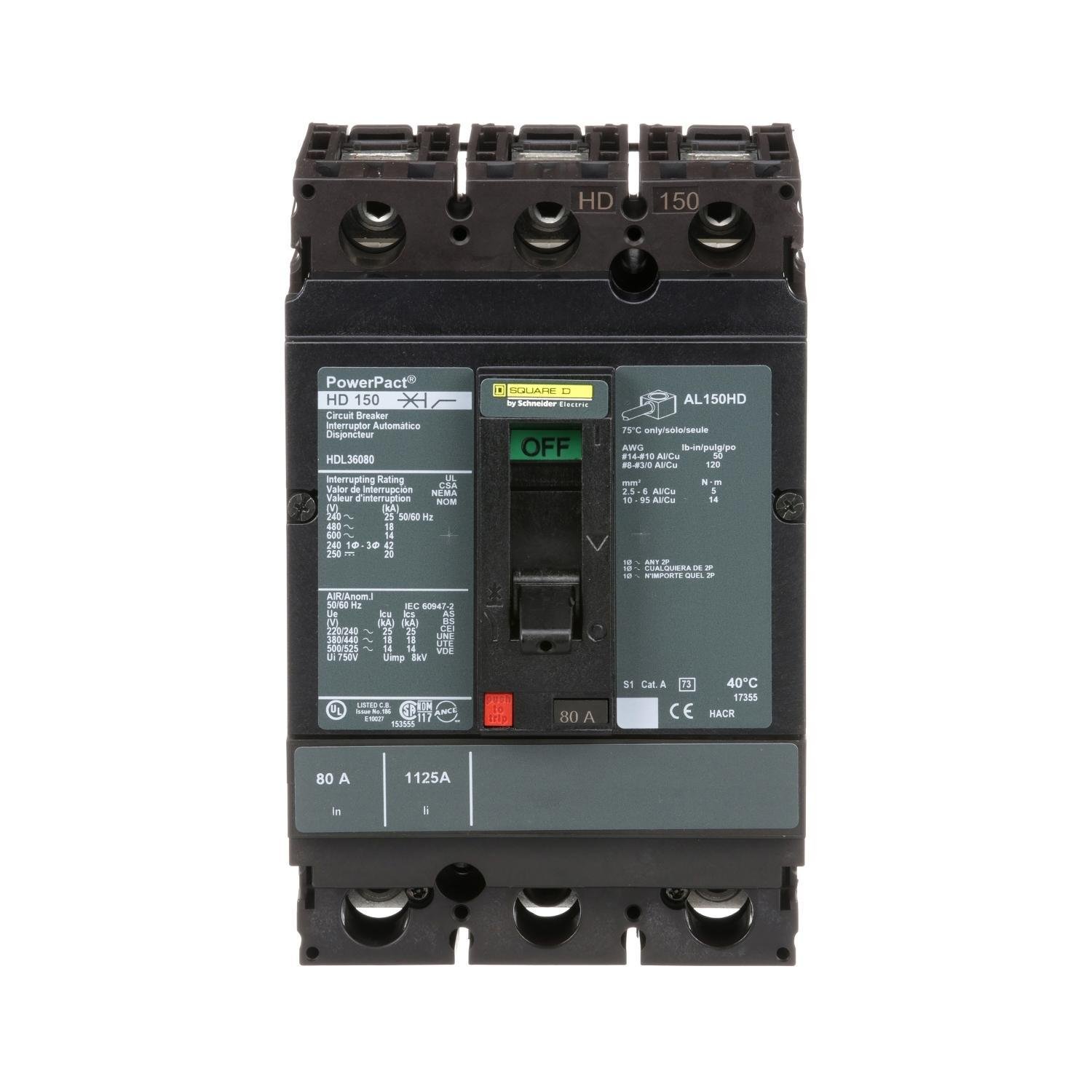 HDL36080 - Circuit breaker, PowerPacT H, 80A, 3 pole, 600VAC, 14kA, lugs, thermal magnetic, 80%