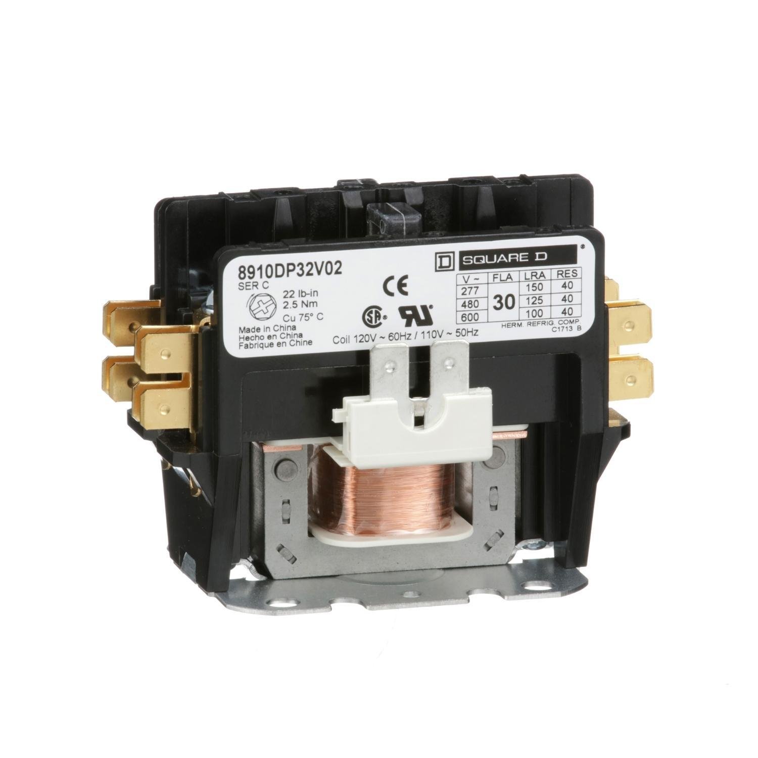 8910DP32V02 - Contactor, Definite Purpose, 30A, 2 pole, 110/120VAC 50/60Hz coil, open