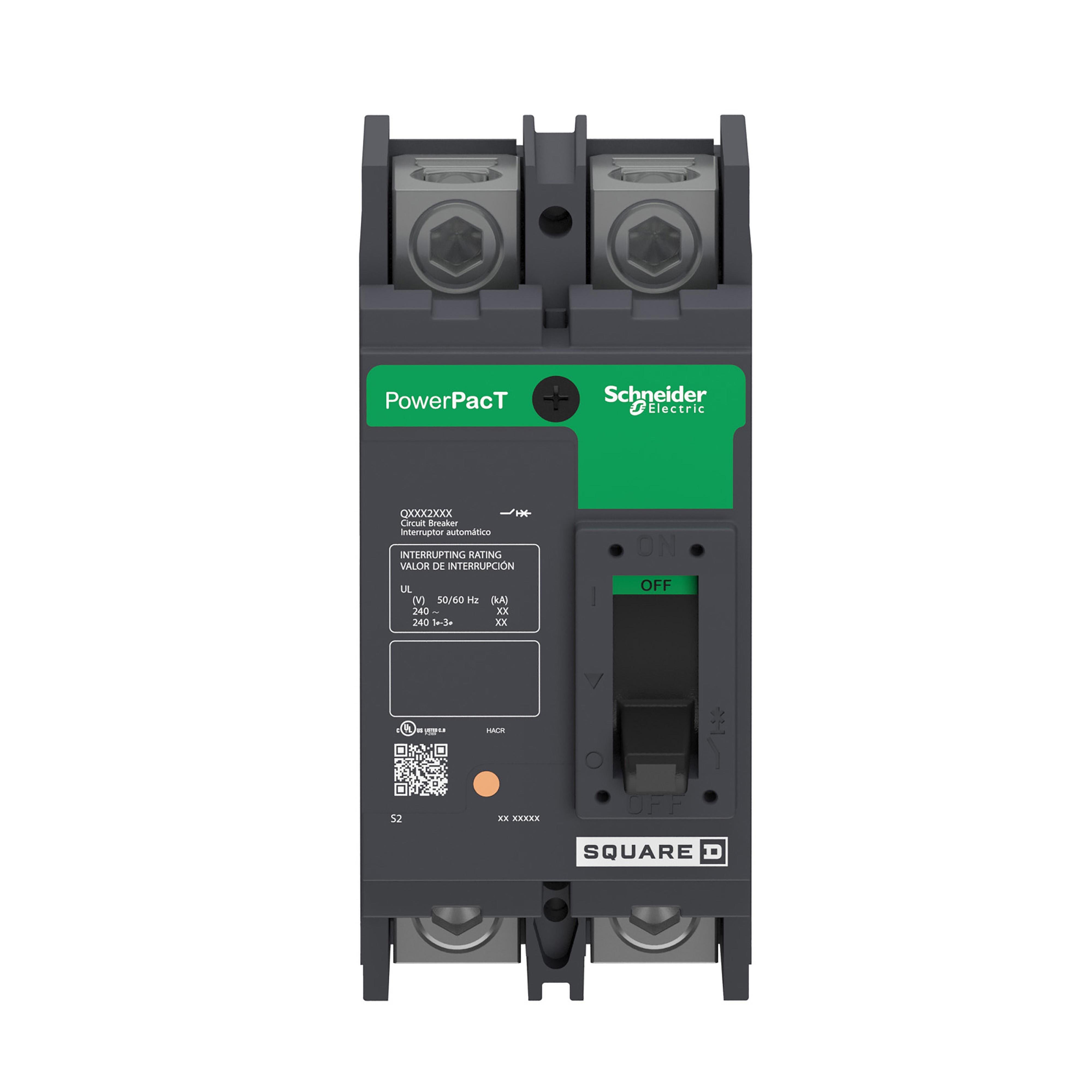 QBP22150TM - Circuit breaker, PowerPacT Q, 150A, 2 pole, 240VAC, 10kA, lugs, thermal magnetic, 80%, bottom of panel
