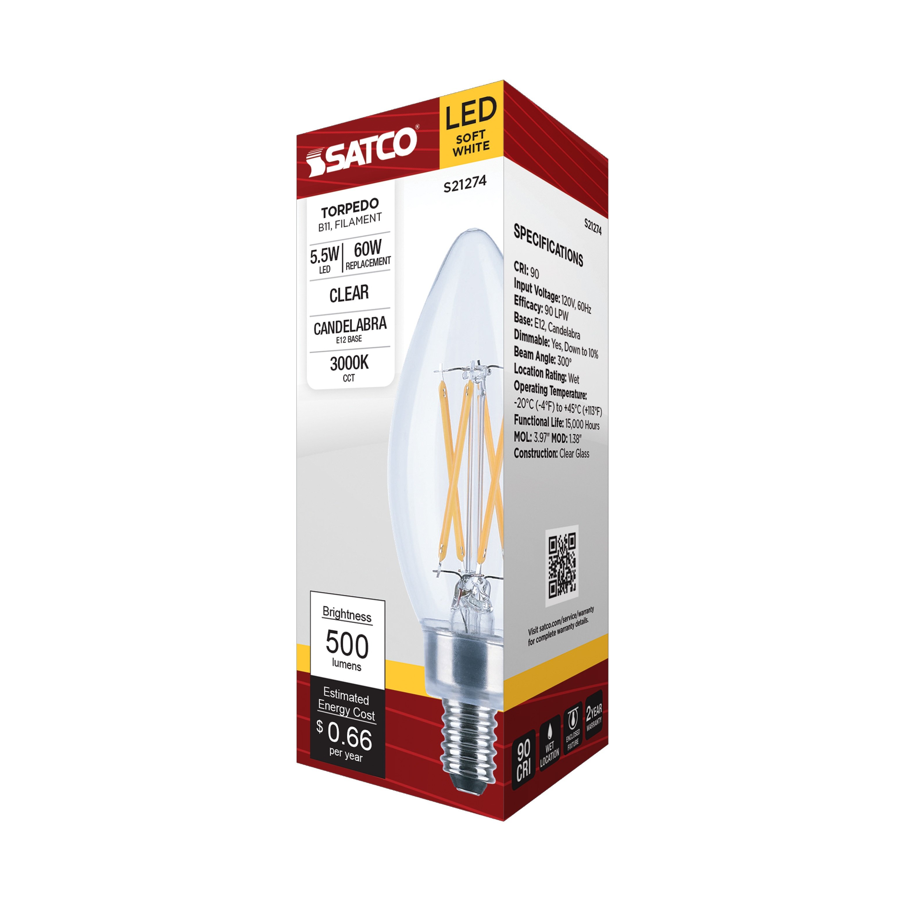 Picture of S21274 - 5.5 Watt B11 LED - Clear - Candelabra base - 90 CRI - 3000K - 120 Volt