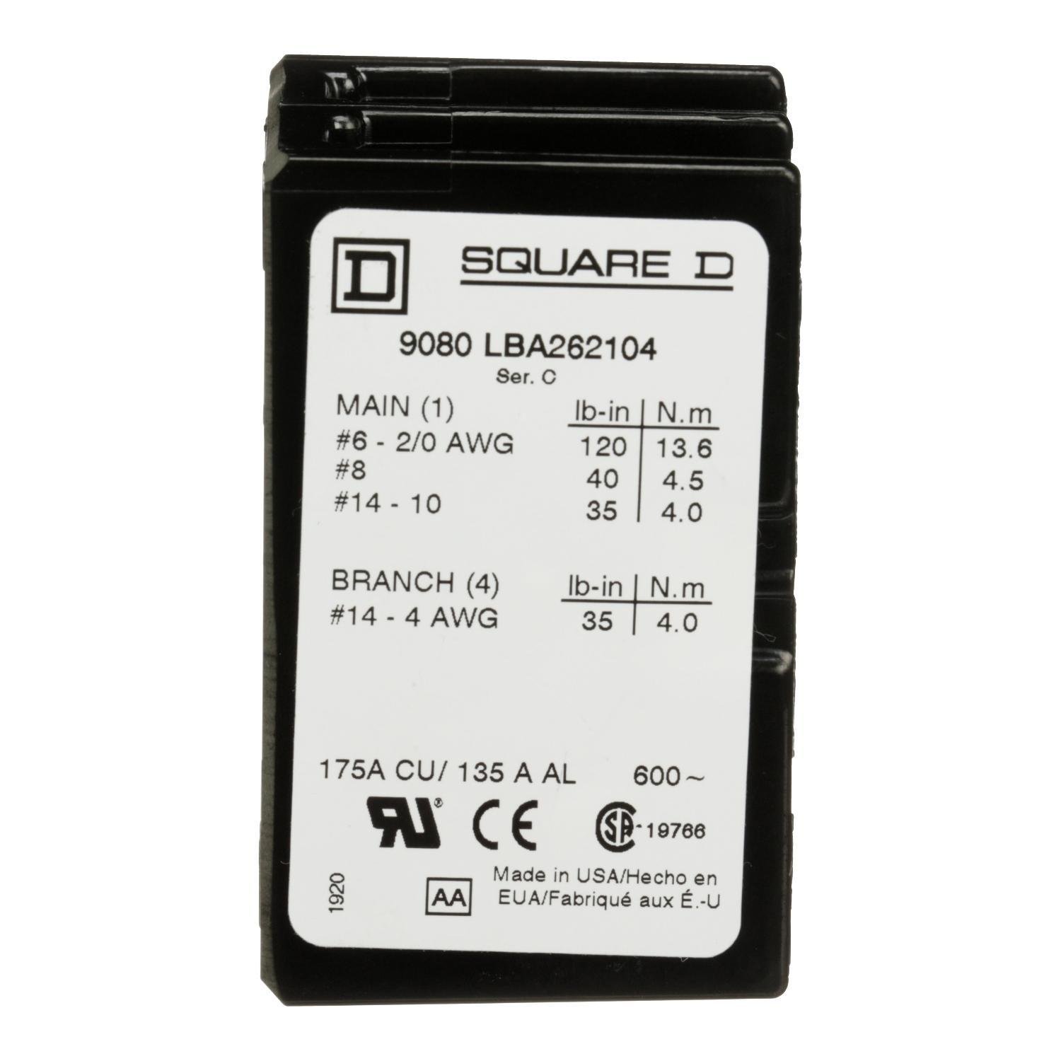 Picture of 9080LBA262104 - Power distribution block, Linergy, 2 pole, 1 line, 4 load, 175A CU, 135A AL, 600 V