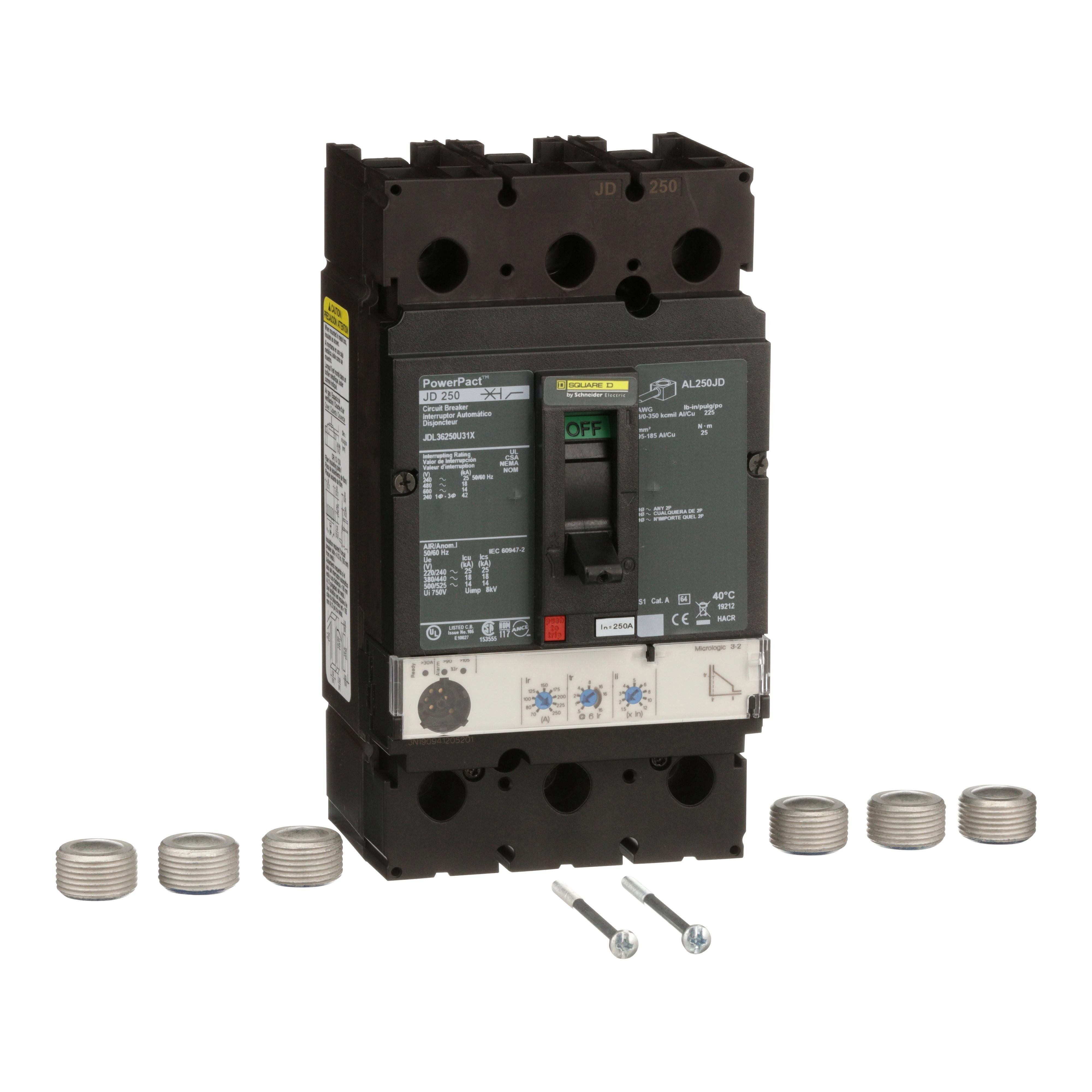 JDL36250U31X - Circuit breaker, PowerPacT J, 250A, 3 pole, 600VAC, 14kA, lugs, Micrologic 3.2, 80%