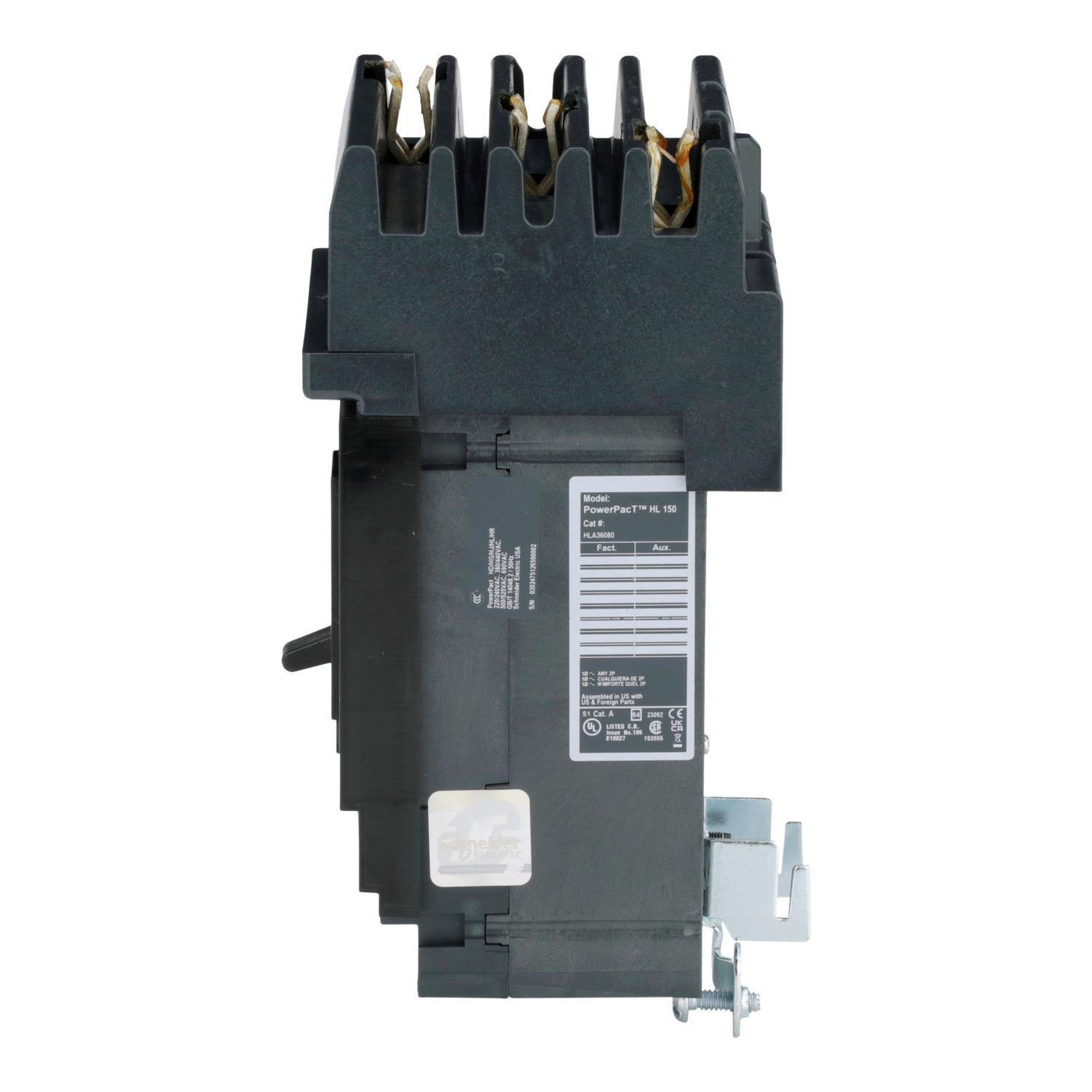 Picture of HLA36080 - Circuit breaker, PowerPacT H, 80A, 3 pole, 600VAC, 50kA, I-Line, thermal magnetic, 80%, ABC