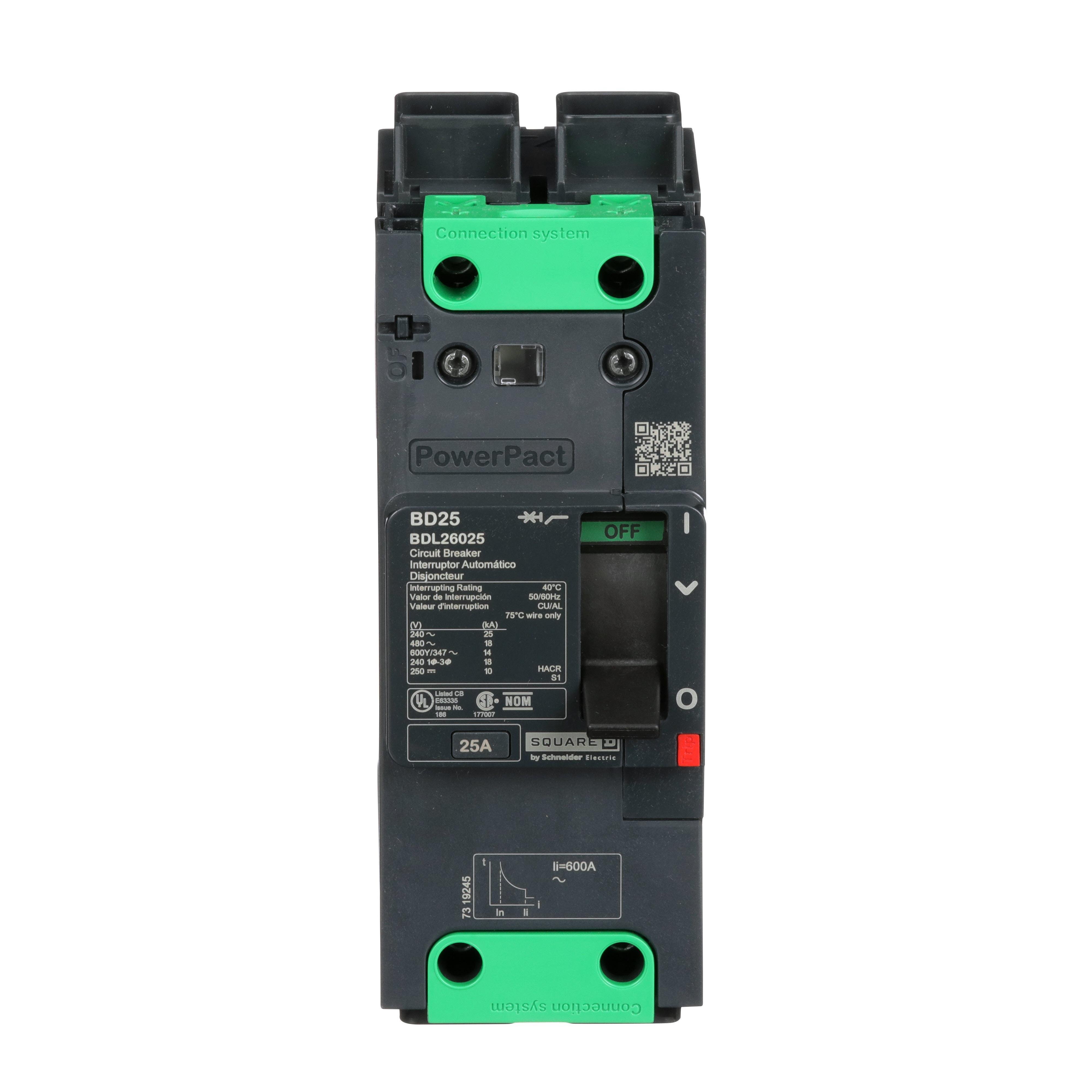 BDL26025 - Circuit breaker, PowerPacT B, 25A, 2 pole, 600Y/347VAC, 14kA, lugs, thermal magnetic, 80%