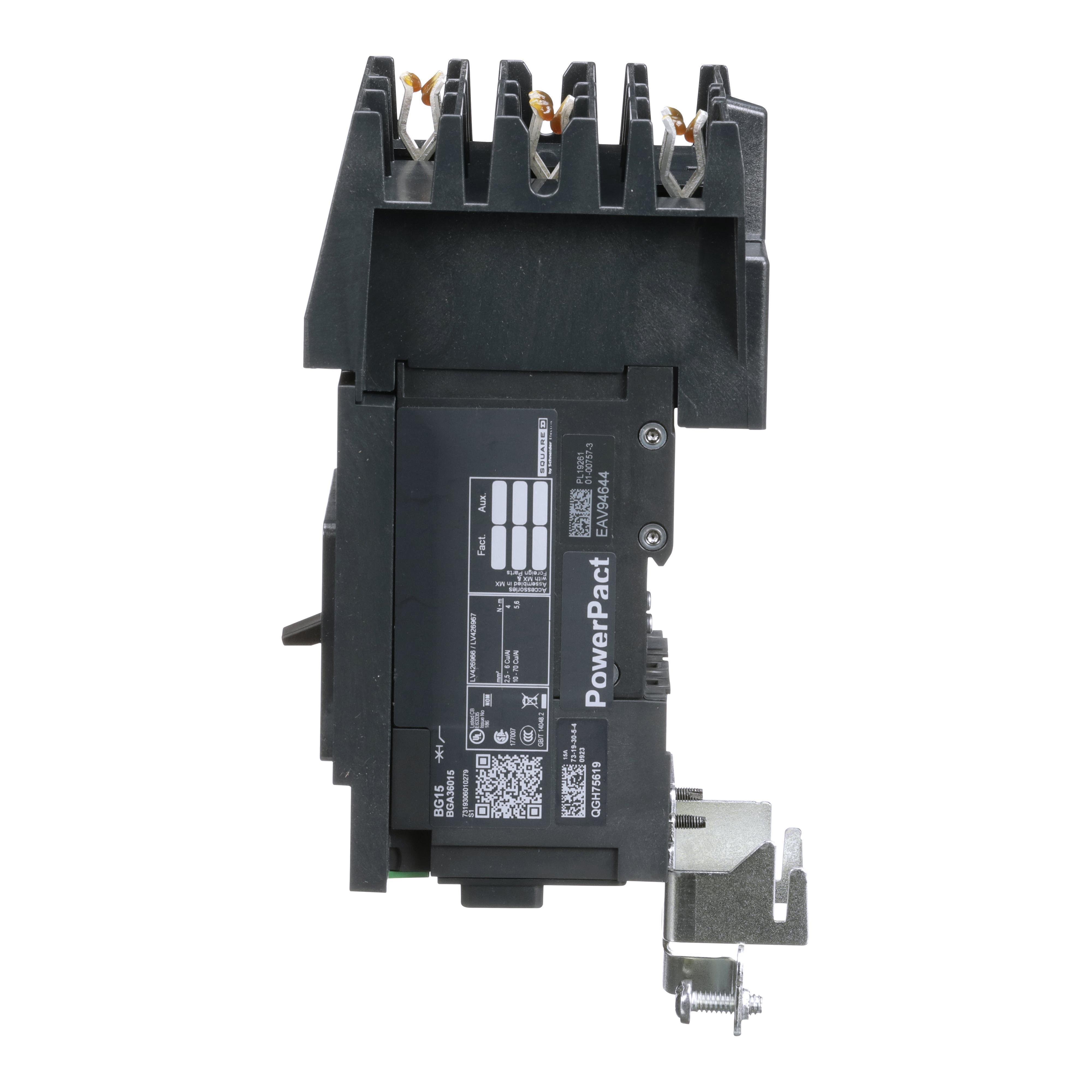 Picture of BGA36015 - Circuit breaker, PowerPacT B, 15A, 3 pole, 600Y/347VAC, 18kA, I-Line, thermal magnetic, 80%, ABC