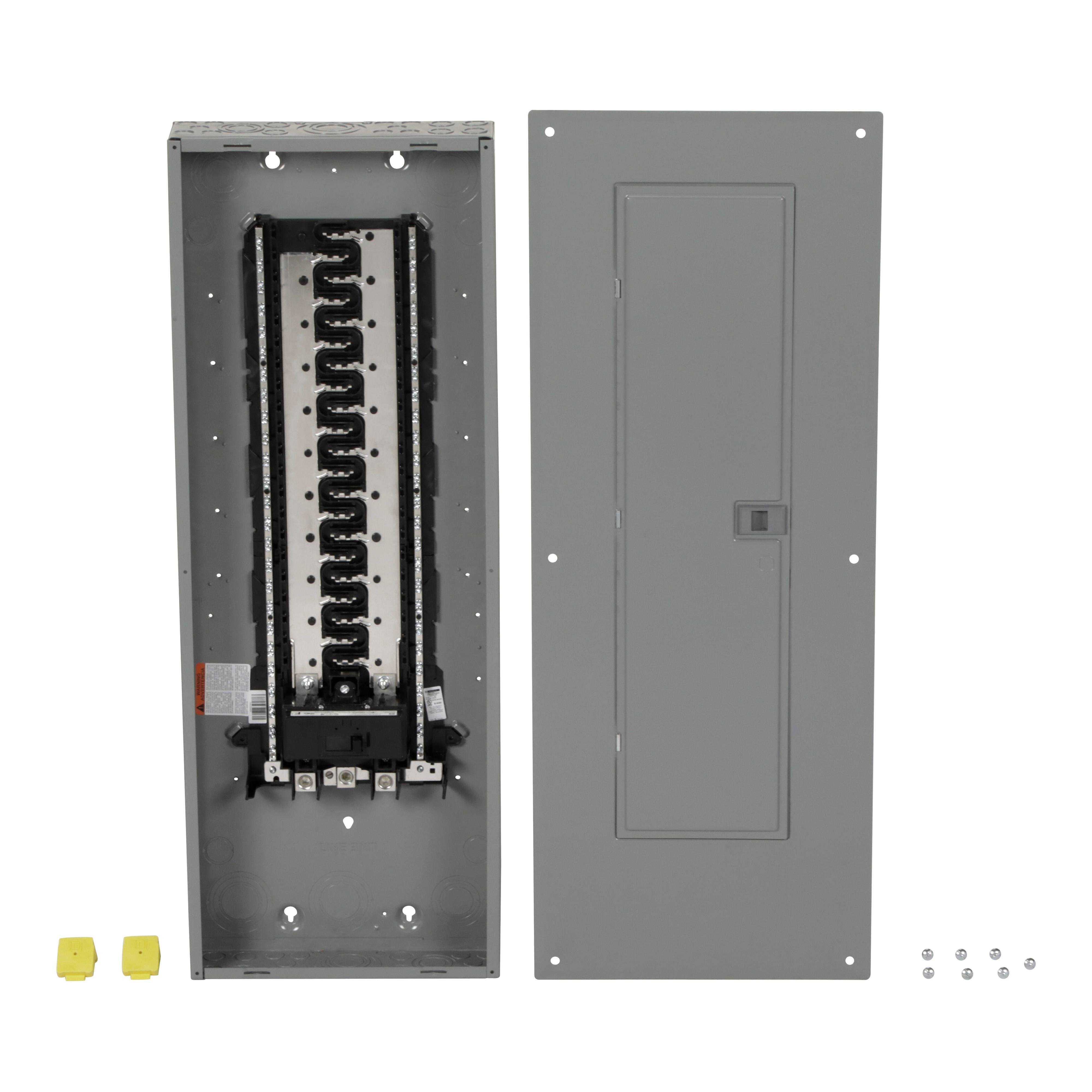 Picture of HOM4284M200PC - Load center, Homeline, 1 phase, 42 spaces, 84 circuits, 200A convertible main breaker, PoN, NEMA1, combo cover