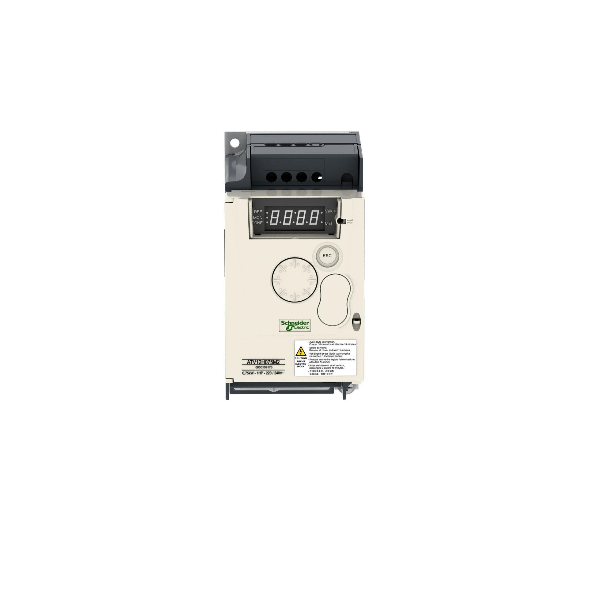 ATV12H075M3 - variable speed drive, Altivar 12, 0.75kW, 1hp, 200 to 240V, 3 phases, with heat sink