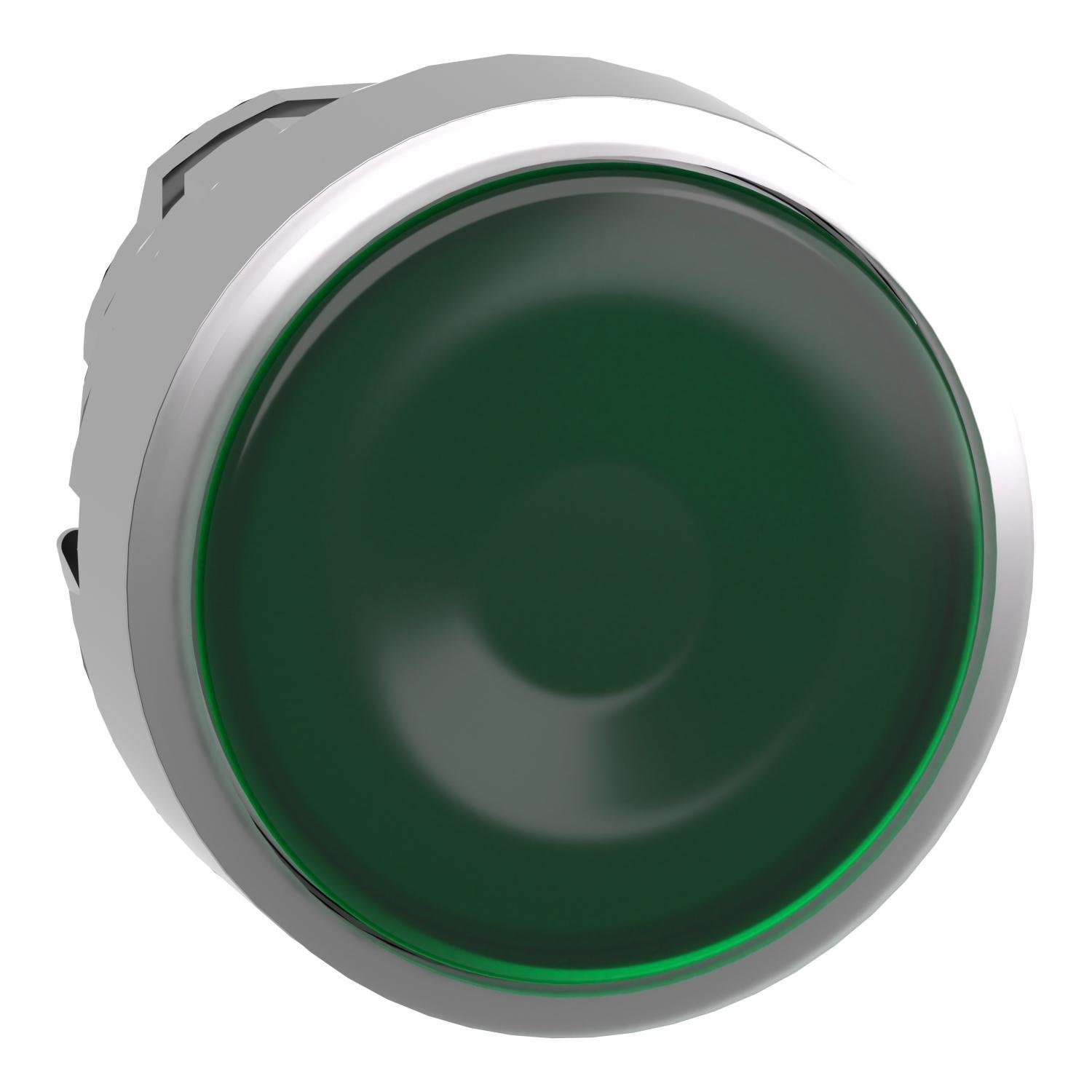 Picture of ZB4BW333 - Head for illuminated push button, Harmony XB4, metal, green flush, 22mm, universal LED, spring return, plan lens