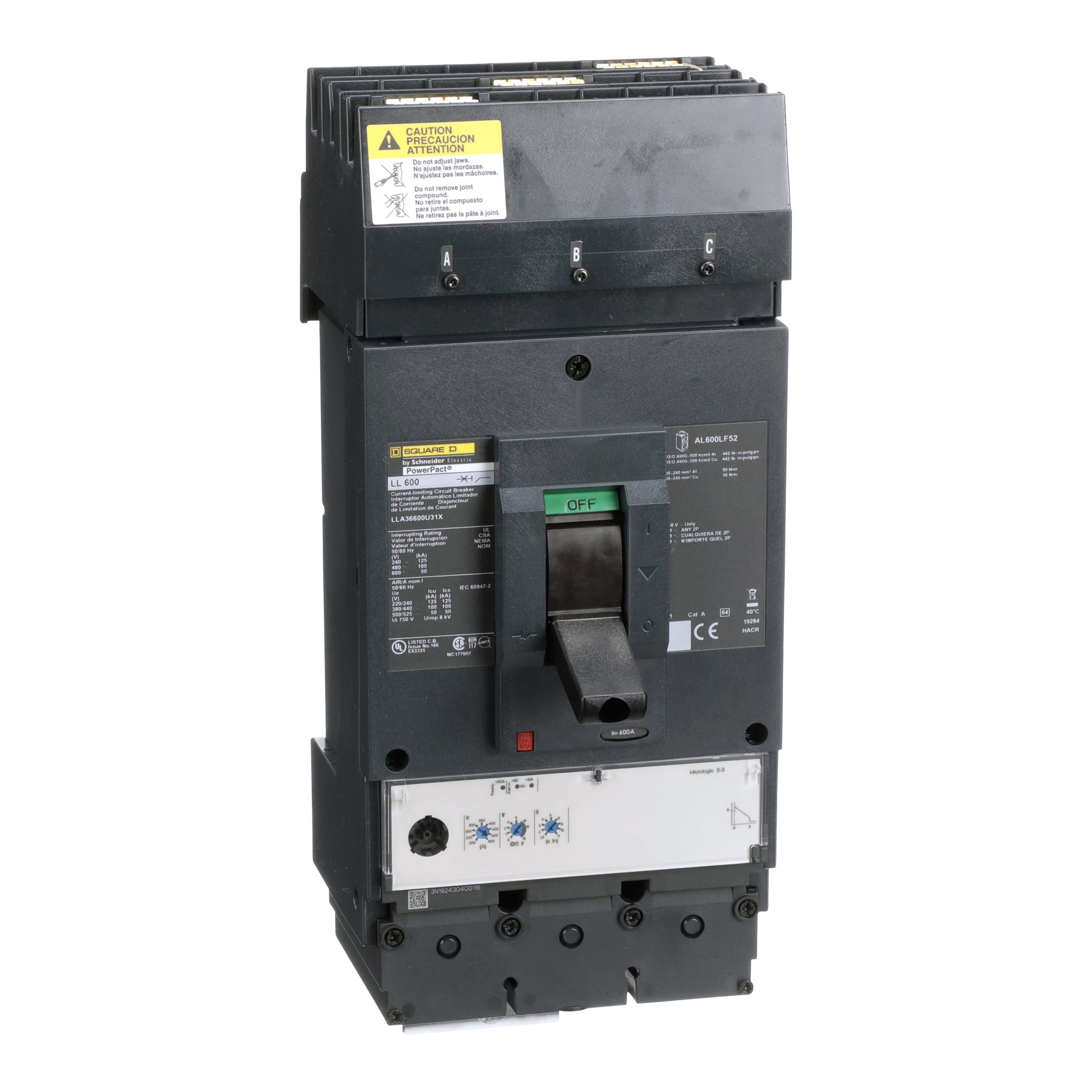 LLA36600U31X - Circuit breaker, PowerPacT L, 600A, 3 pole, 600VAC, 50kA, I-Line, MicroLogic 3.3, 80%, ABC