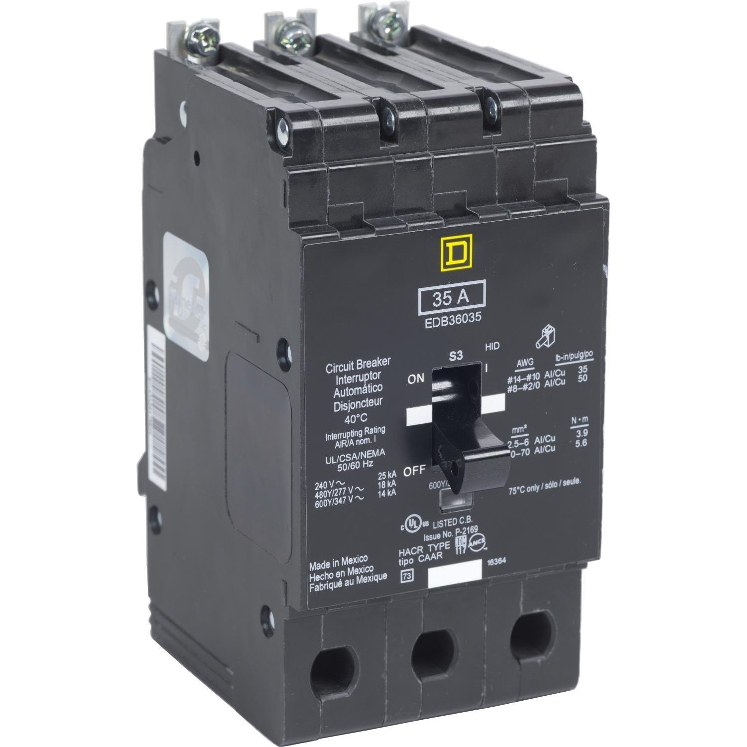 Picture of EDB36035 - Mini circuit breaker, E-Frame, 35A, 3 pole, 600Y/347VAC, 25kA max, bolt on [TAA]