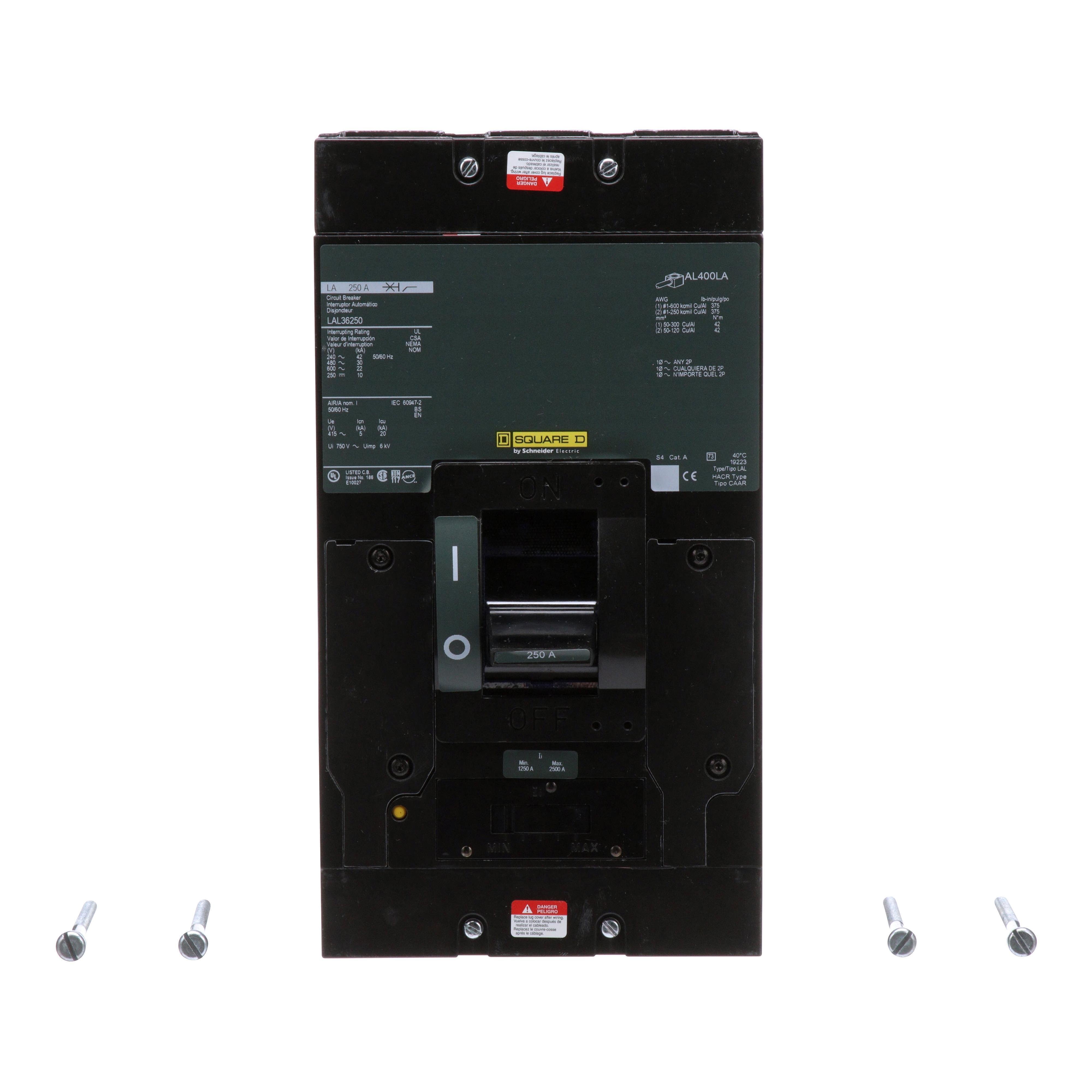 LAL36250MB - Circuit breaker, LA, 250A, 3 pole, 600VAC, 22kA, 250VDC, 10kA, lugs, thermal magnetic, short handle