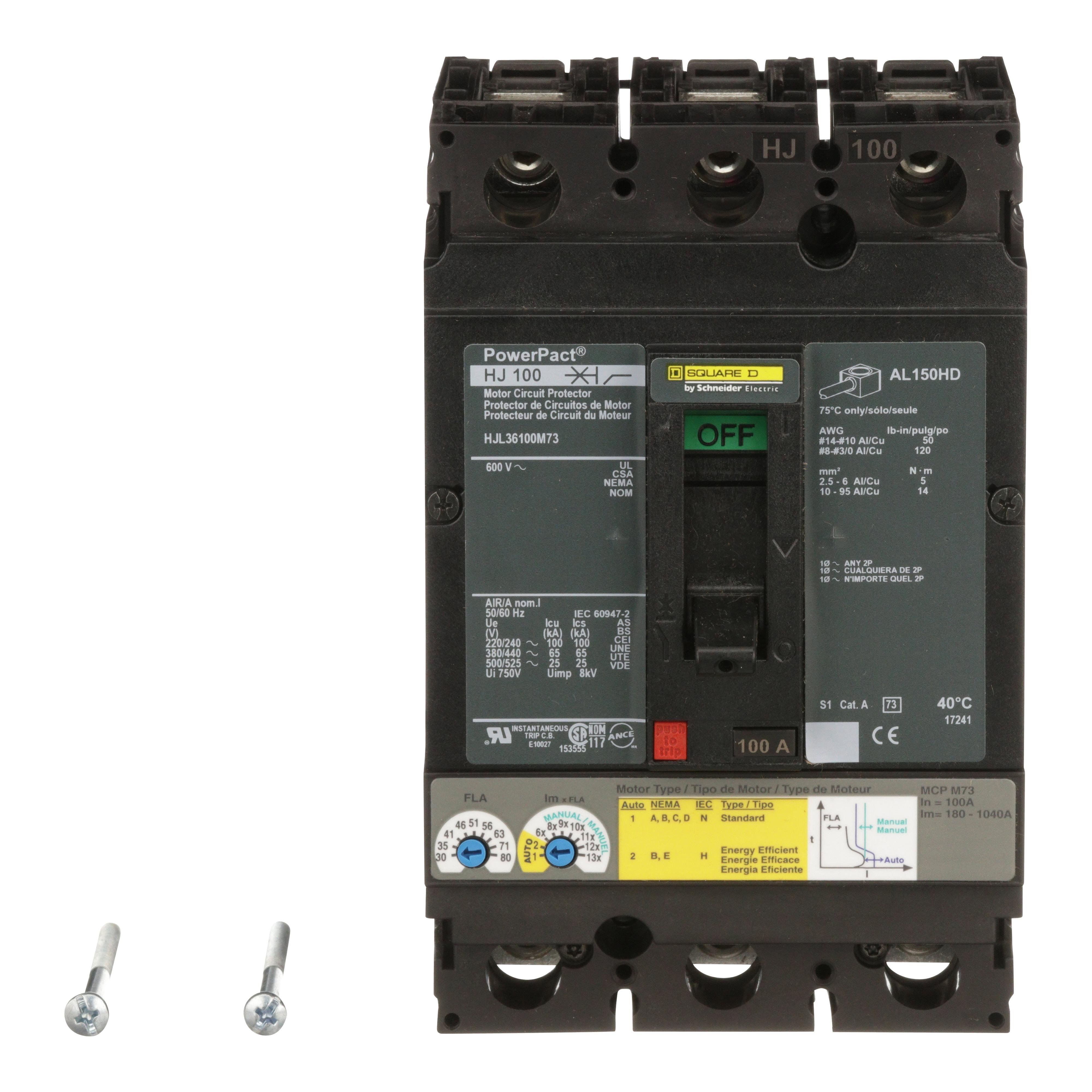 Picture of HJL36100M73 - Motor circuit protector, PowerPacT H, 100A, 3 pole, 600VAC, 25kA, lugs, thermal magnetic, 80%