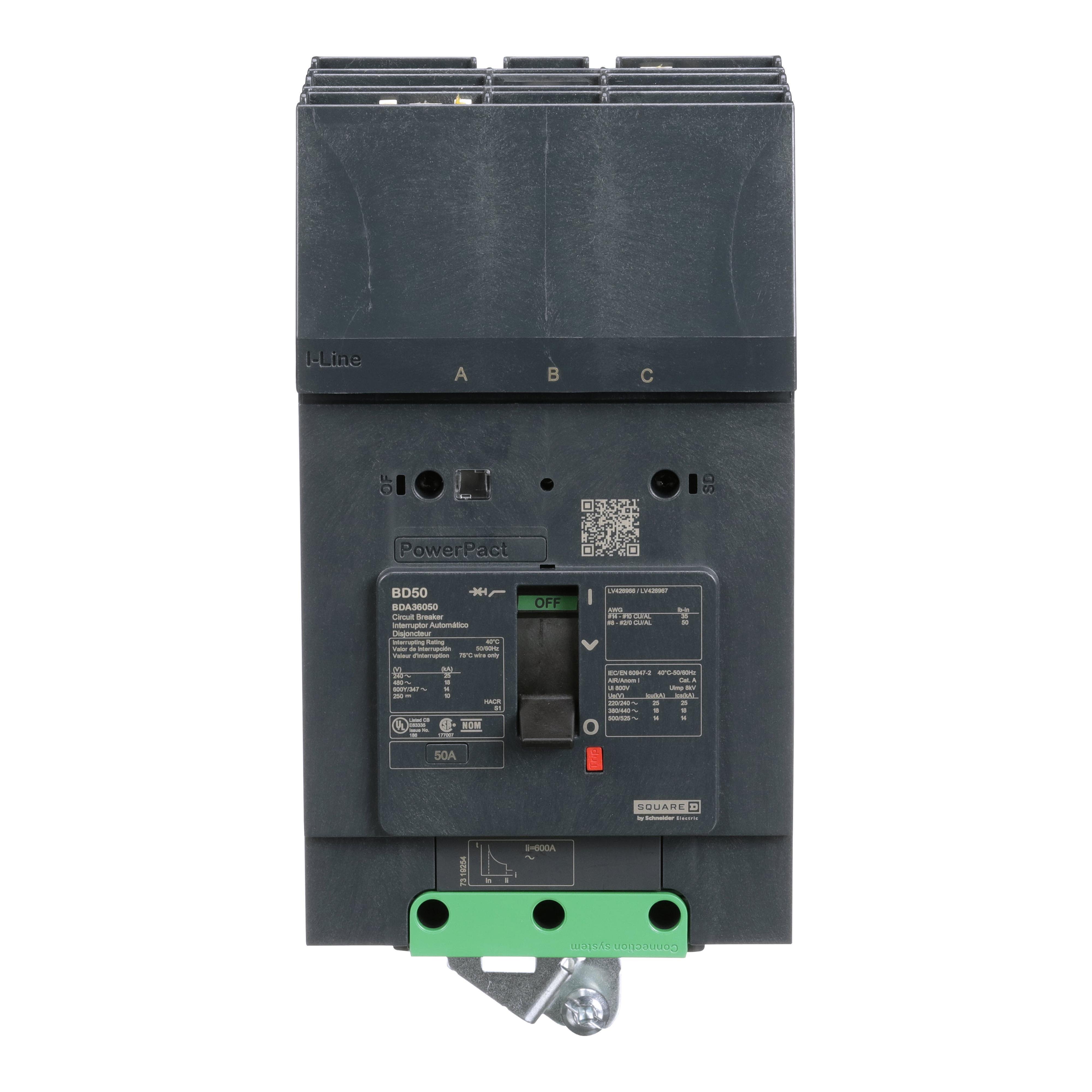 BDA36050 - Circuit breaker, PowerPacT B, 50A, 3 pole, 600Y/347VAC, 14kA, I-Line, thermal magnetic, 80%, ABC