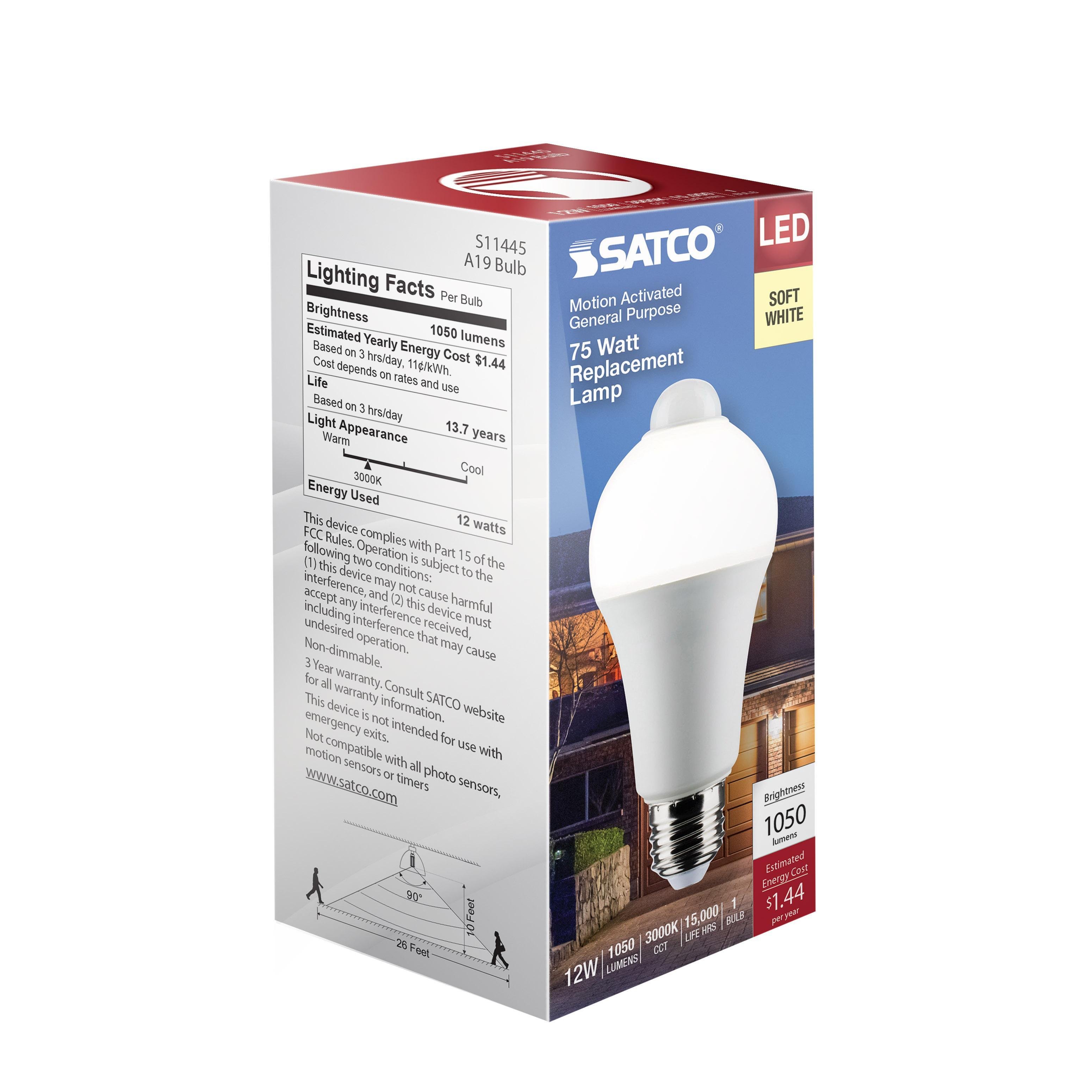 S11445 - 12 Watt A19 LED - White - 3000K - 1050 Lumens - 120 Volt - PIR Sensor - Non-Dimmable
