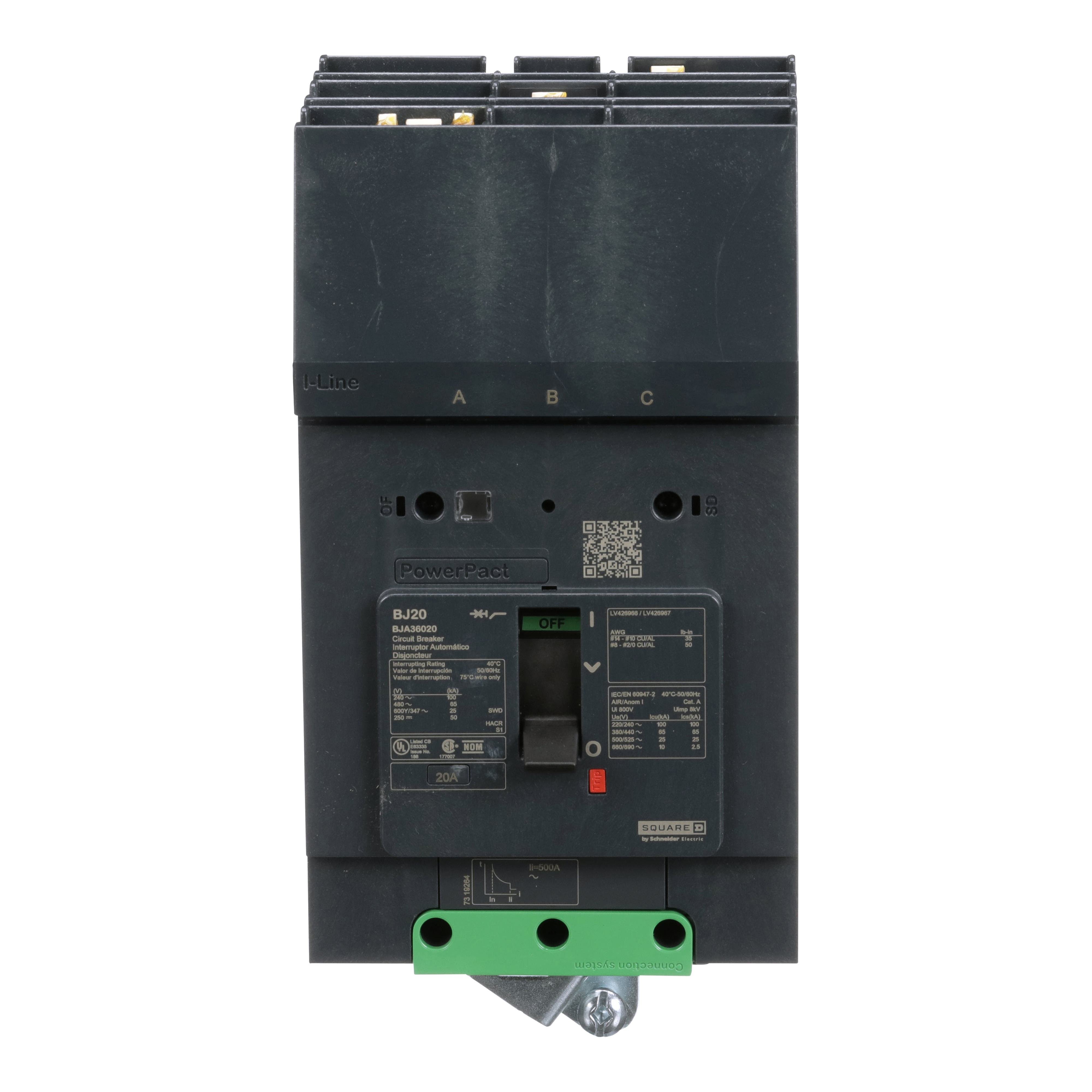 Picture of BJA36020 - Circuit breaker, PowerPacT B, 20A, 3 pole, 600Y/347VAC, 25kA, I-Line, thermal magnetic, 80%, ABC