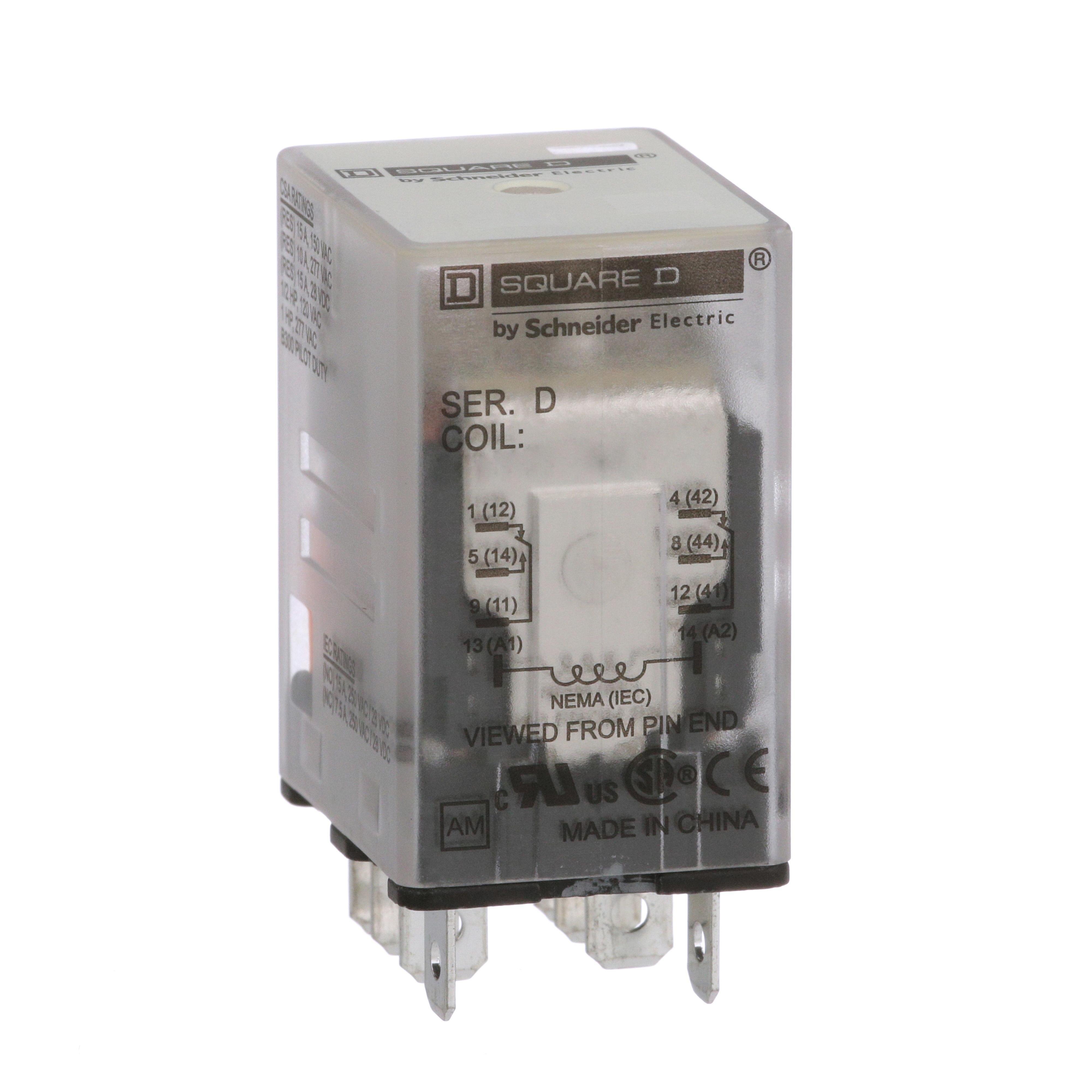 Picture of 8501RSD42V53 - Plug in relay, Type R, miniature, 1 HP at 277 VAC, 15A resistive at 120 VAC, 8 blade, DPDT, 2 NO, 2 NC, 24 VDC coil