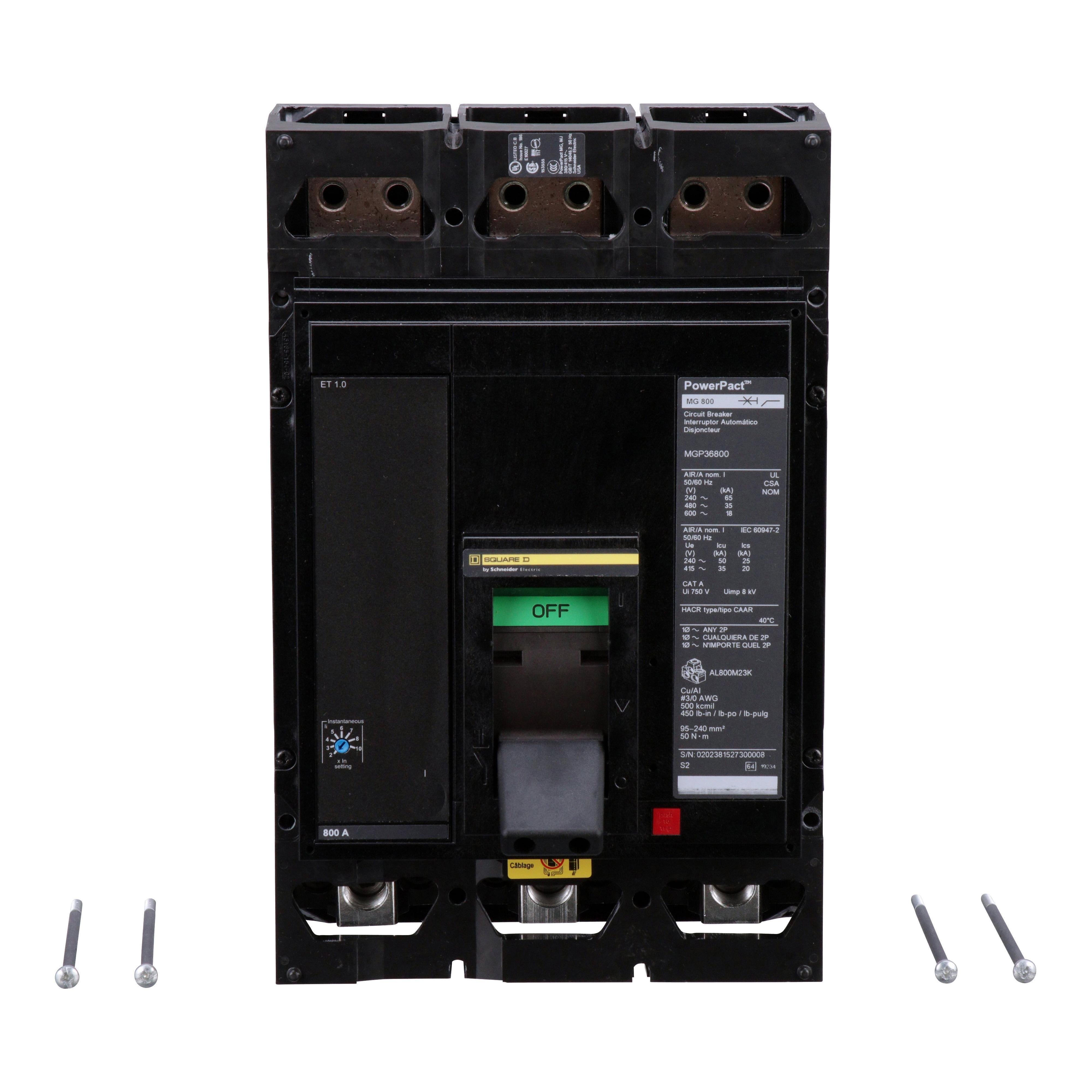 MGL36450 - Circuit breaker, PowerPacT M, 450A, 3 pole, 600VAC, 18kA, lugs, ET 1.0, 80%
