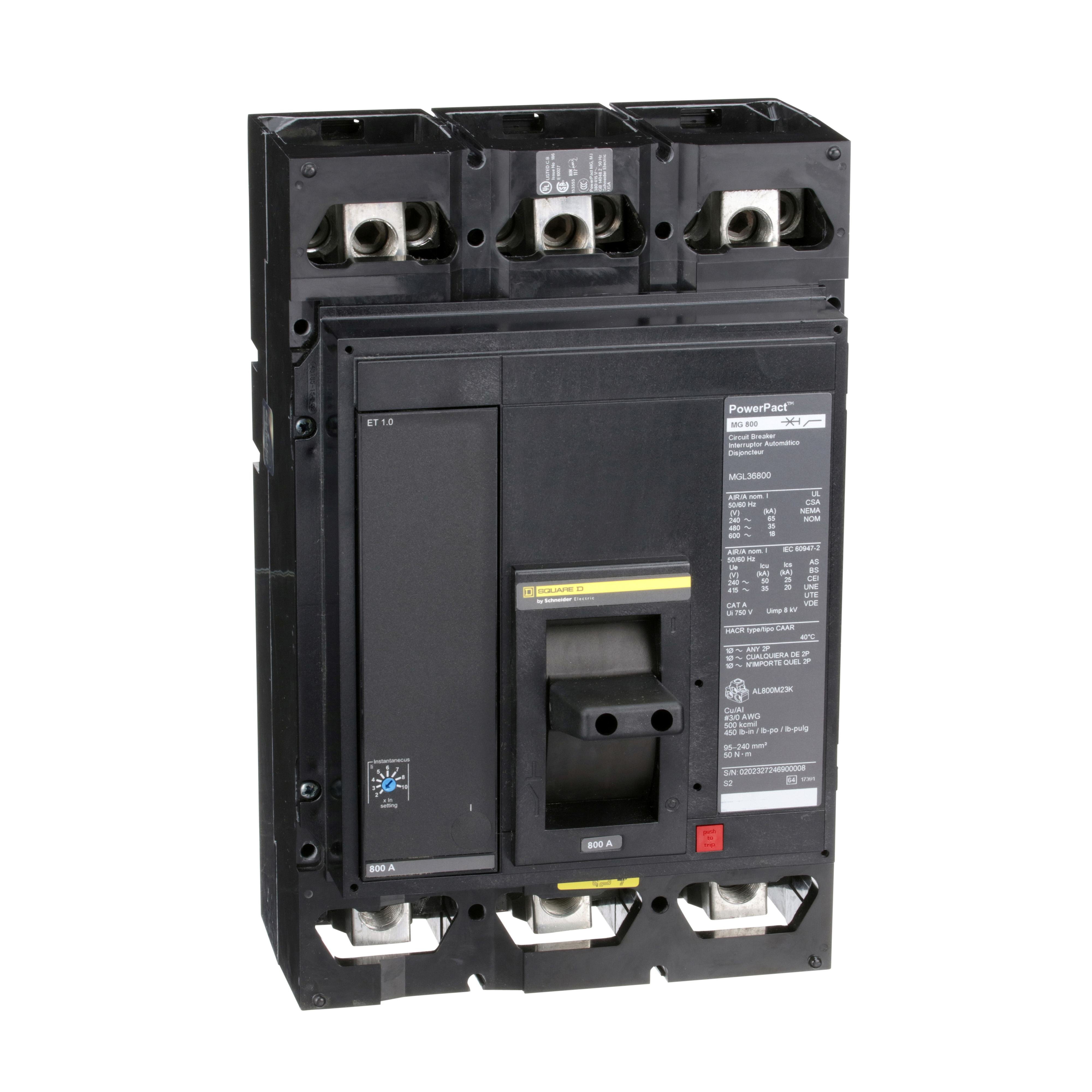 Picture of MGL36800 - Circuit breaker, PowerPacT M, 800A, 3 pole, 600VAC, 18kA, lugs, ET 1.0, 80%