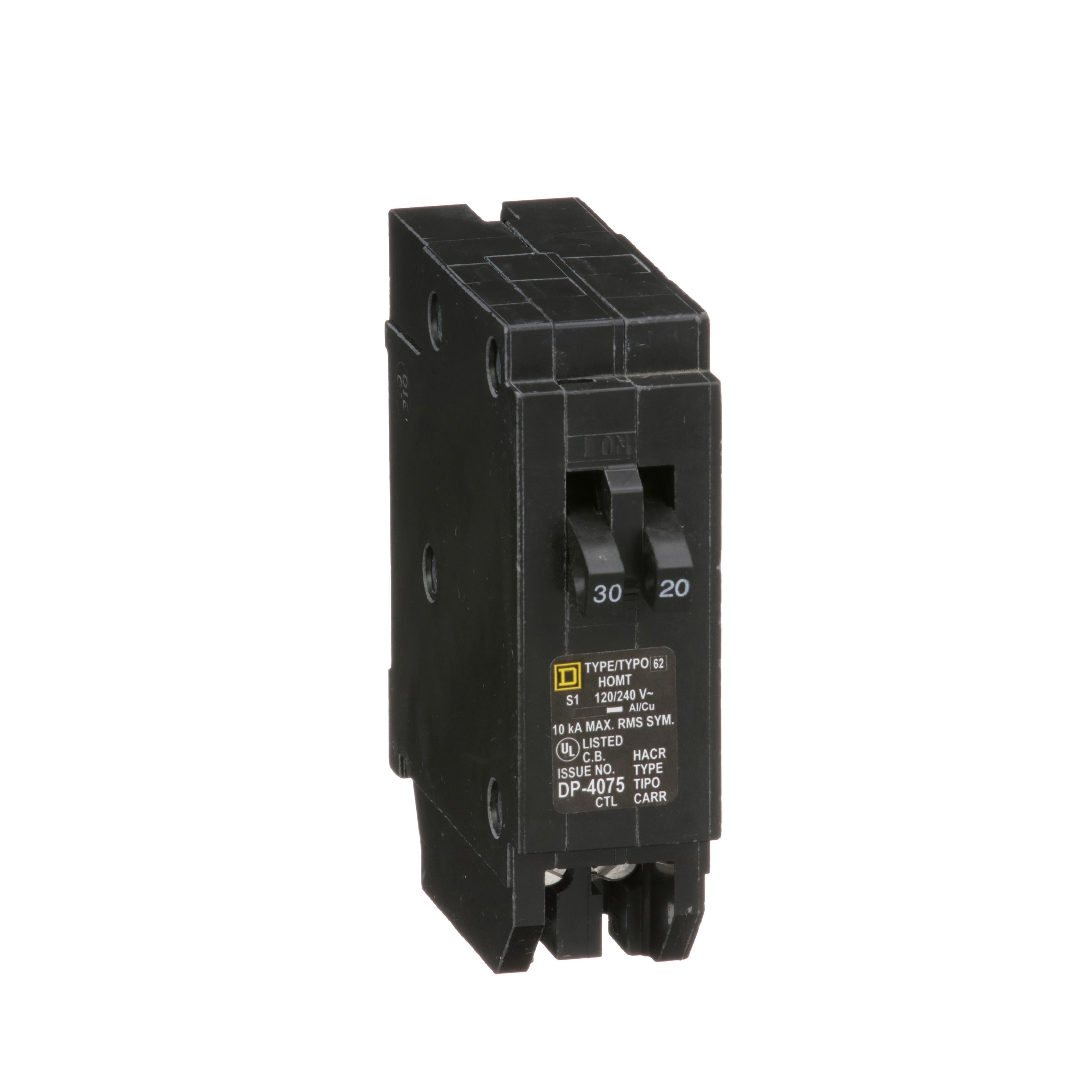 HOMT3020 - Tandem circuit breaker, Homeline, 1 x 1 pole at 30A, 1 x 1 pole at 20A, 120/240VAC, 10kA AIR, plug in, UL