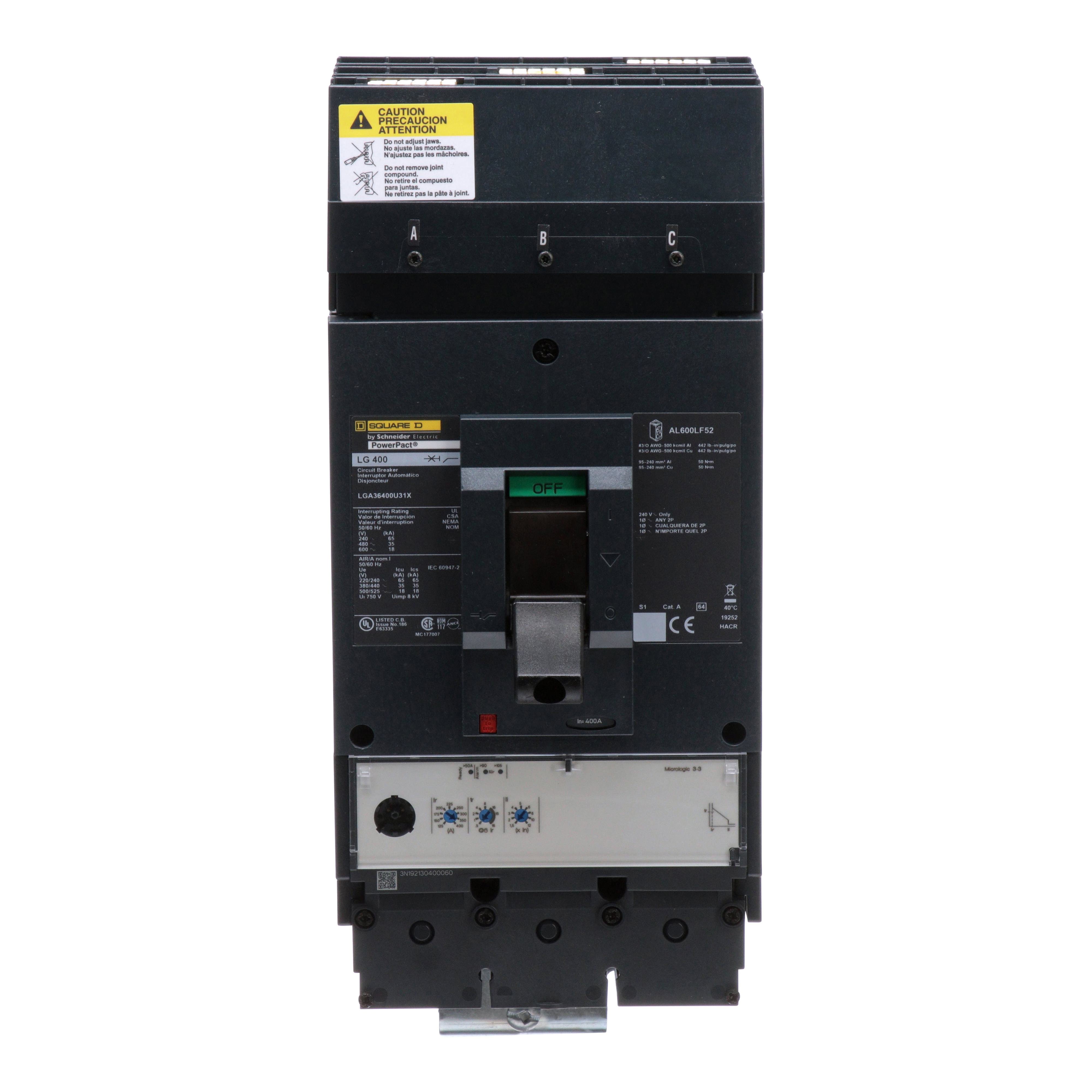 Picture of LGA36400U31X - Circuit breaker, PowerPacT L, 400A, 3 pole, 600VAC, 18kA, I-Line, Micrologic 3.3, 80%, ABC