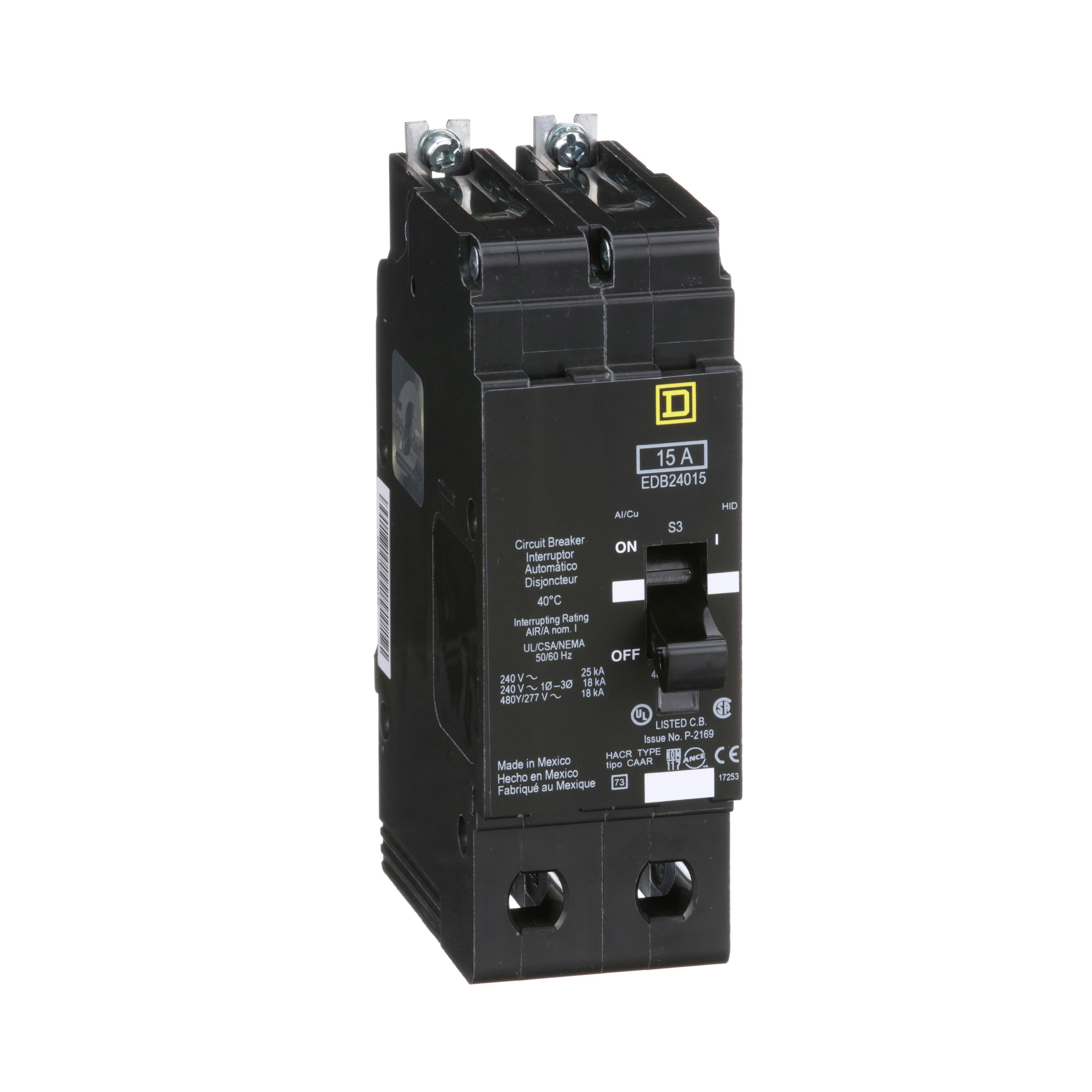 Picture of EDB24015 - Mini circuit breaker, E-Frame, 15A, 2 pole, 480Y/277VAC, 25kA max, bolt on [TAA]