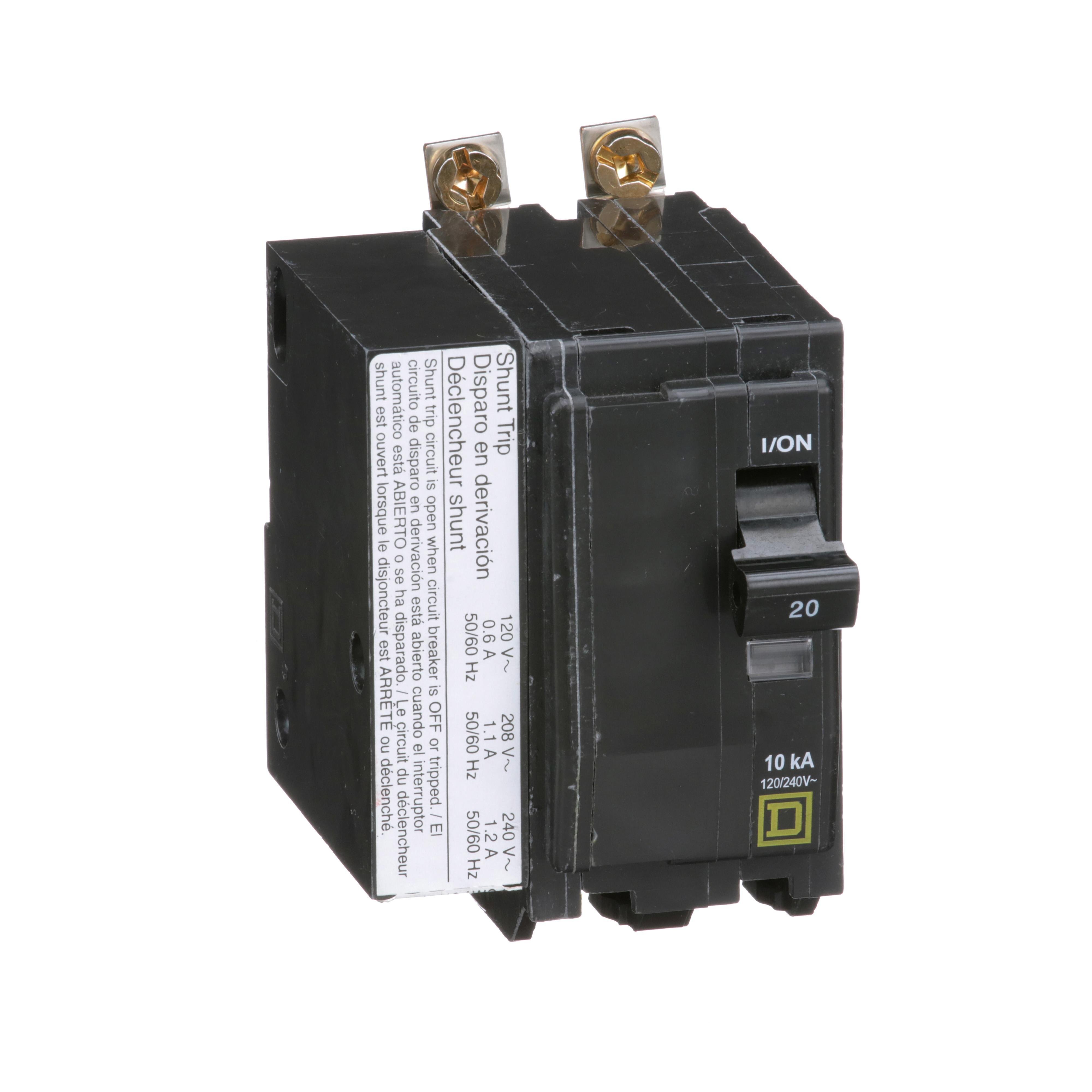 QOB2201021 - Mini circuit breaker, QO, 20A, 2 pole, 120/240VAC, 10kA, bolt on, AC shunt
