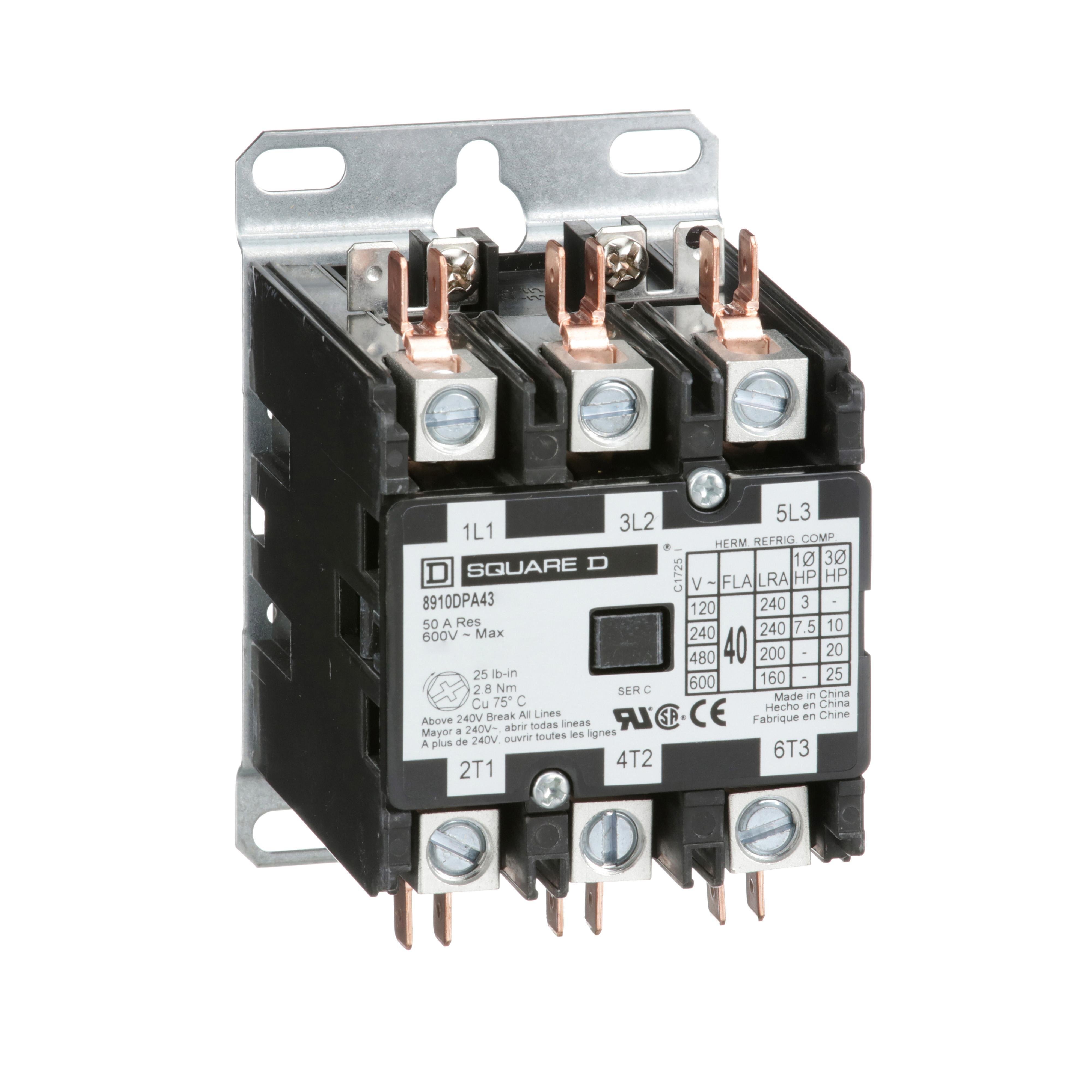 8910DPA43V04 - Contactor, Definite Purpose, 40A, 3 pole, 25HP at 575VAC, 3 phase, 277VAC 60Hz coil, open