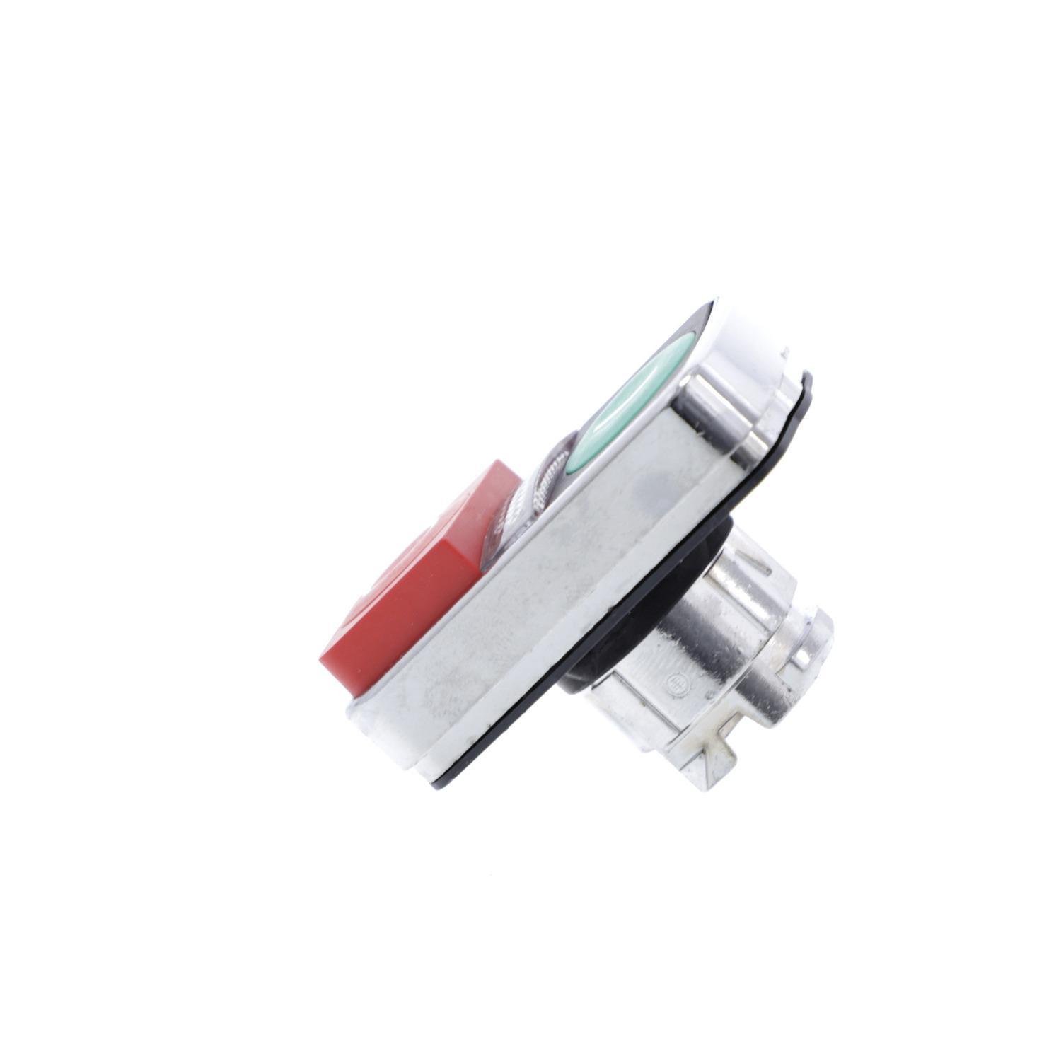 Picture of ZB4BW7L3741 - Illuminated double headed push button head, Harmony XB4, metal, 22mm, marked, 1 green flush I + 1 pilot light + 1 red projecting O