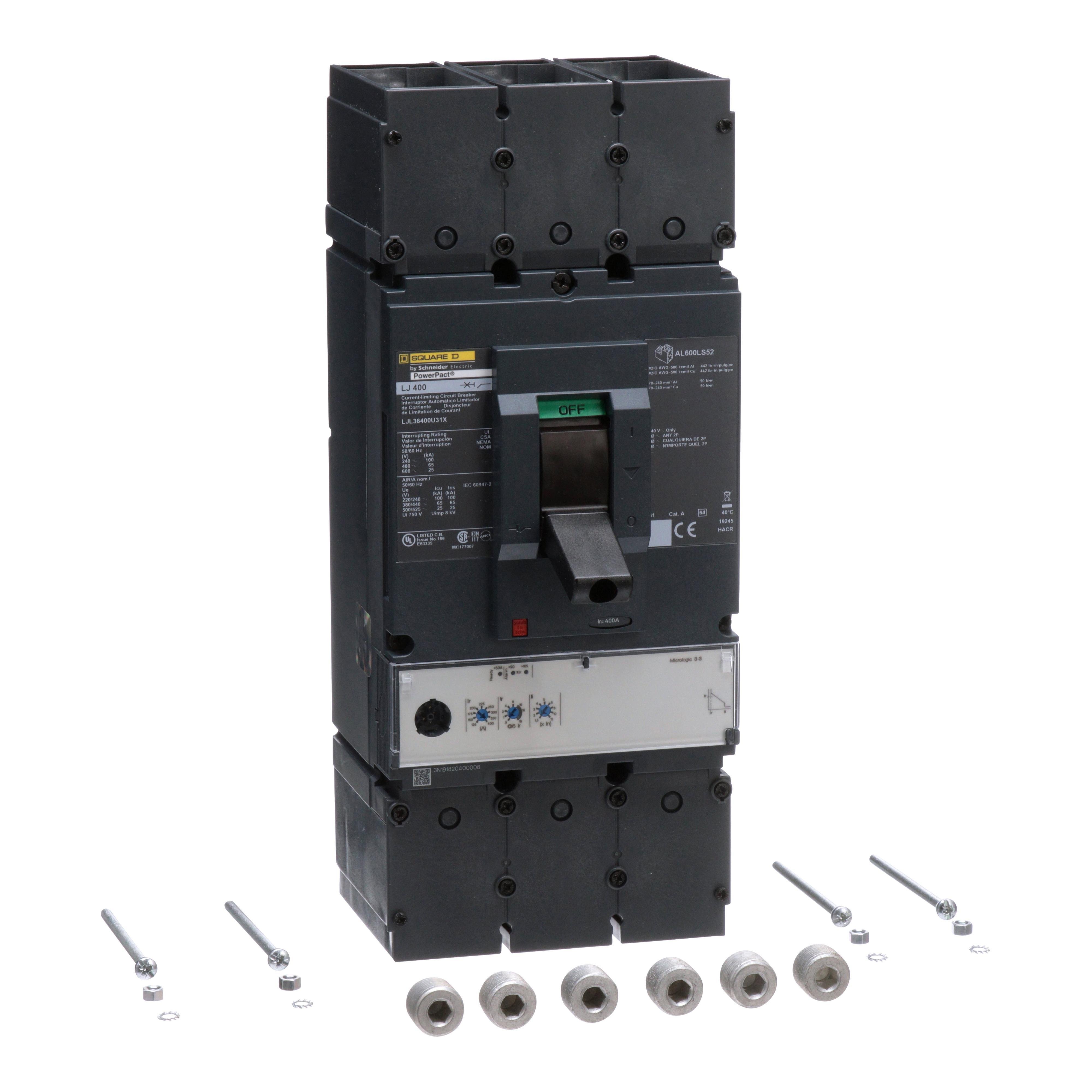 LJL36400U31X - Circuit breaker, PowerPacT L, 400A, 3 pole, 600VAC, 25kA, lugs, MicroLogic 3.3, 80%