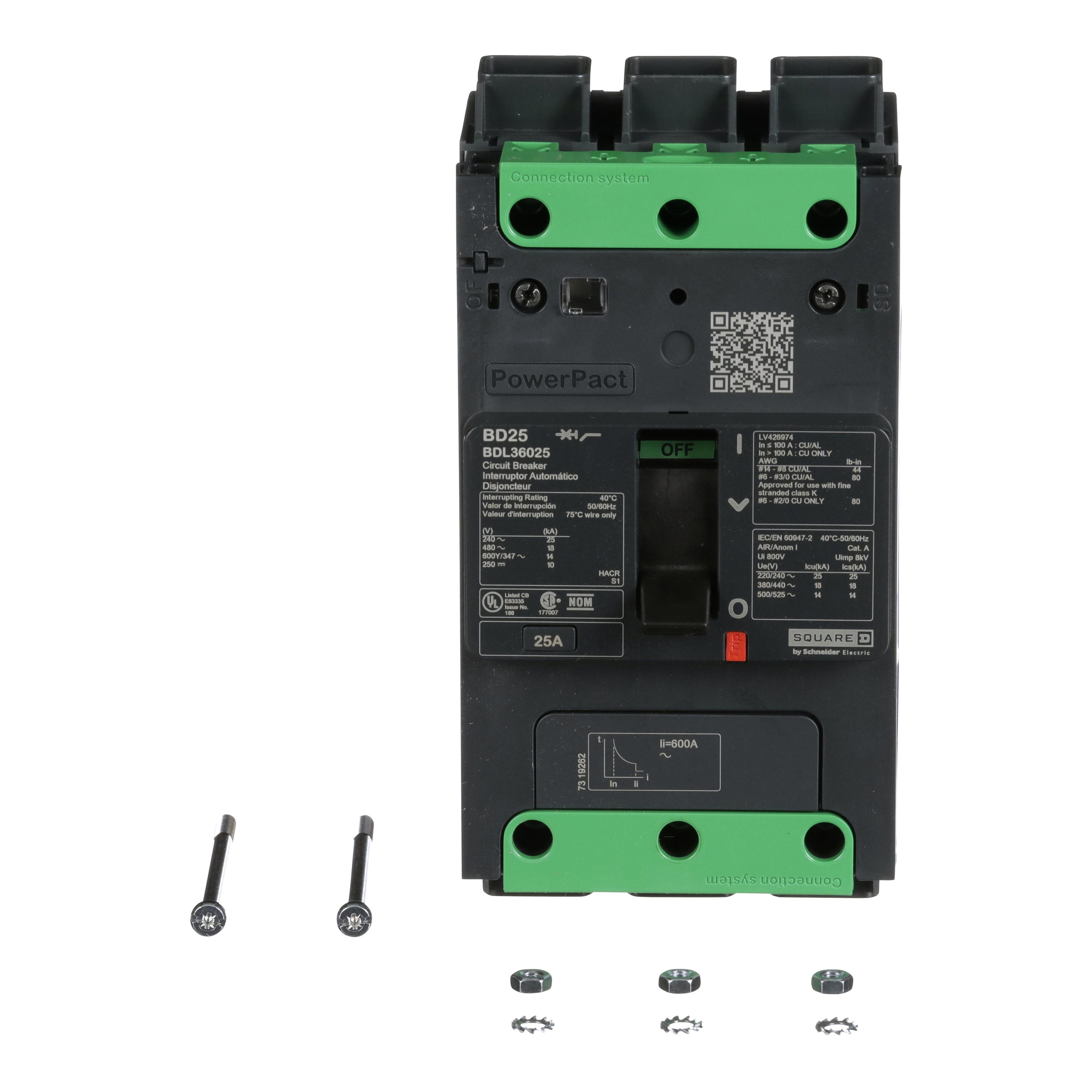BDL36025 - Circuit breaker, PowerPacT B, 25A, 3 pole, 600Y/347VAC, 14kA, lugs, thermal magnetic, 80%
