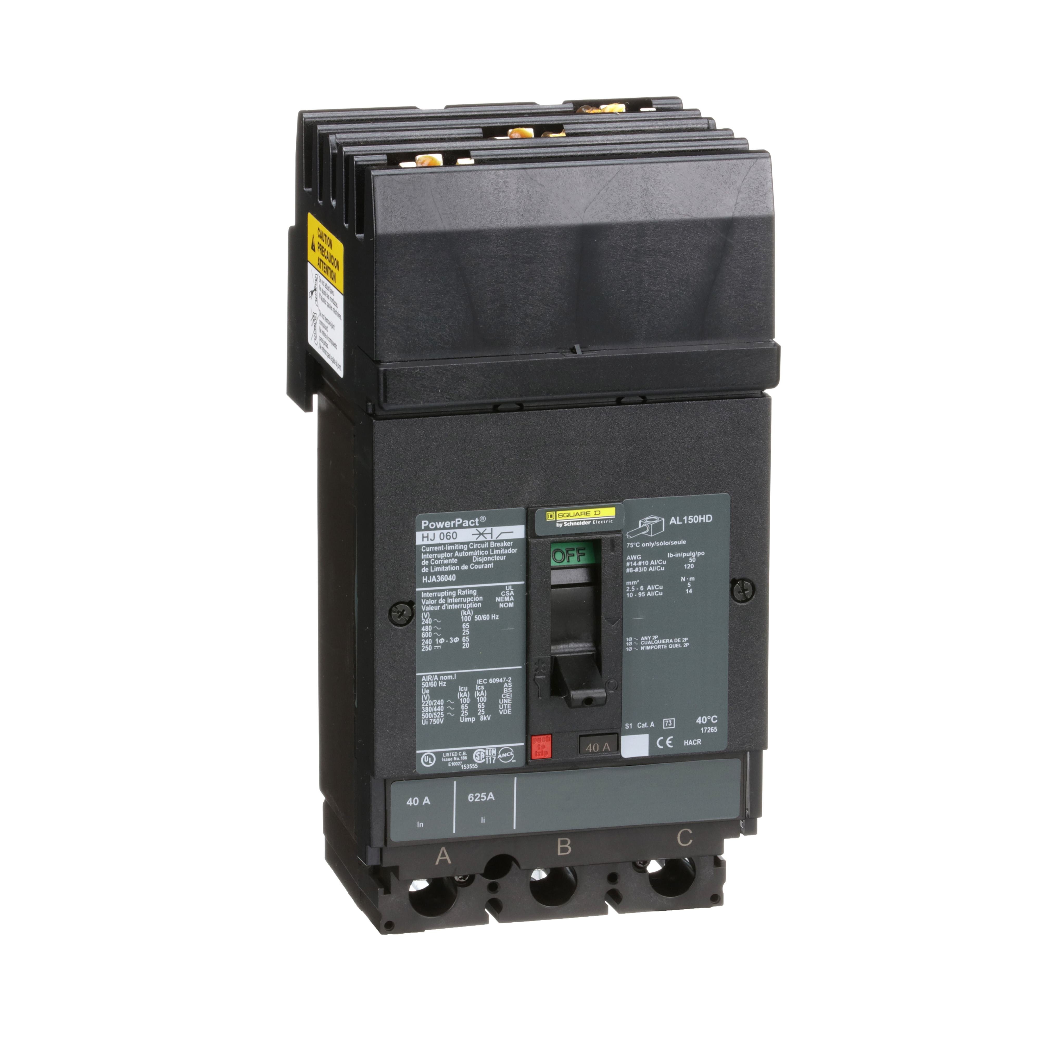 HJA36040 - Circuit breaker, PowerPacT H, 40A, 3 pole, 600VAC, 25kA, I-Line, thermal magnetic, 80%, ABC
