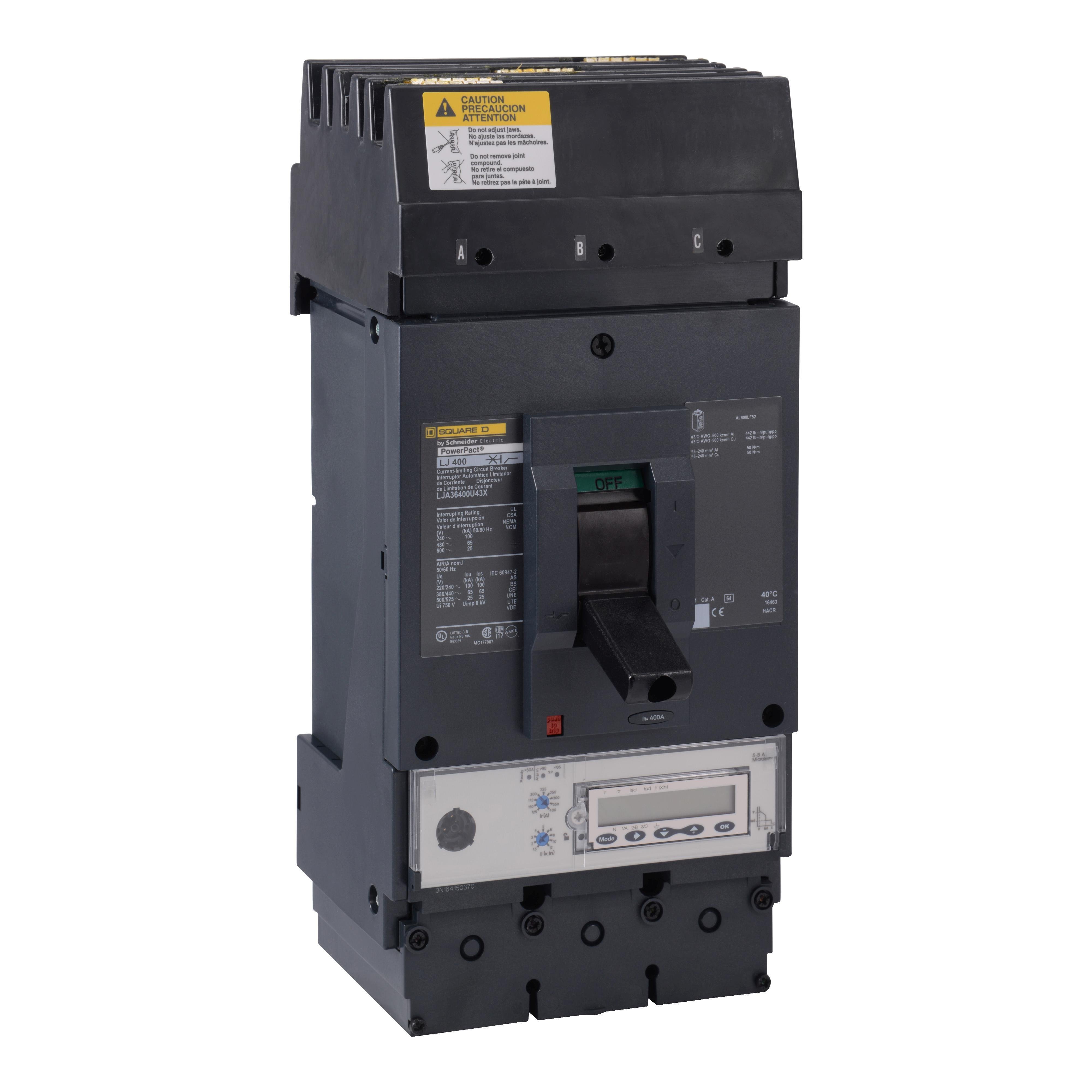 LJA36400U43X - Circuit breaker, PowerPacT L, 400A, 3 pole, 600VAC, 25kA, I-Line, MicroLogic 5.3A, 80%, ABC