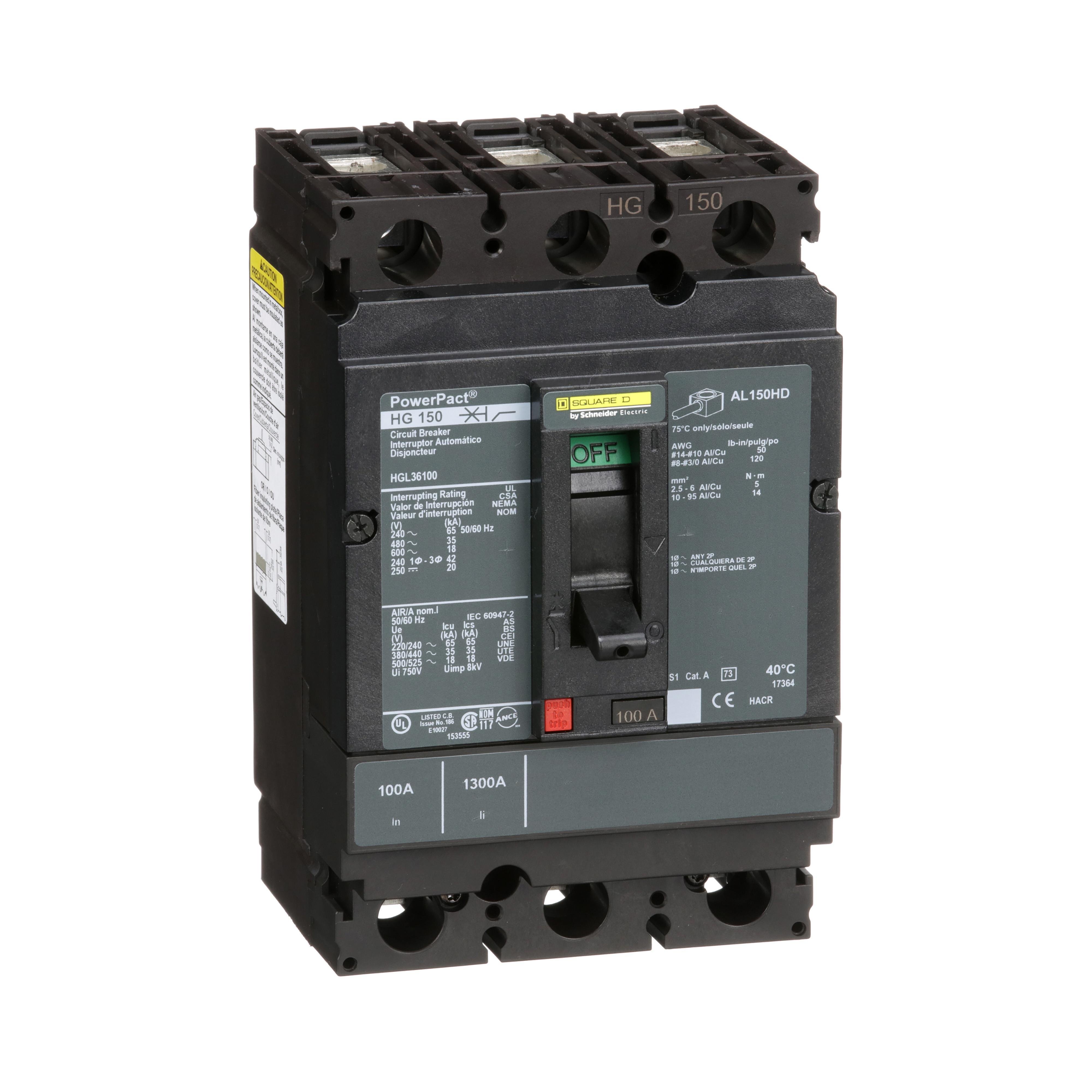 HGL36100 - Circuit breaker, PowerPacT H, 100A, 3 pole, 600VAC, 18kA, lugs, thermal magnetic, 80%