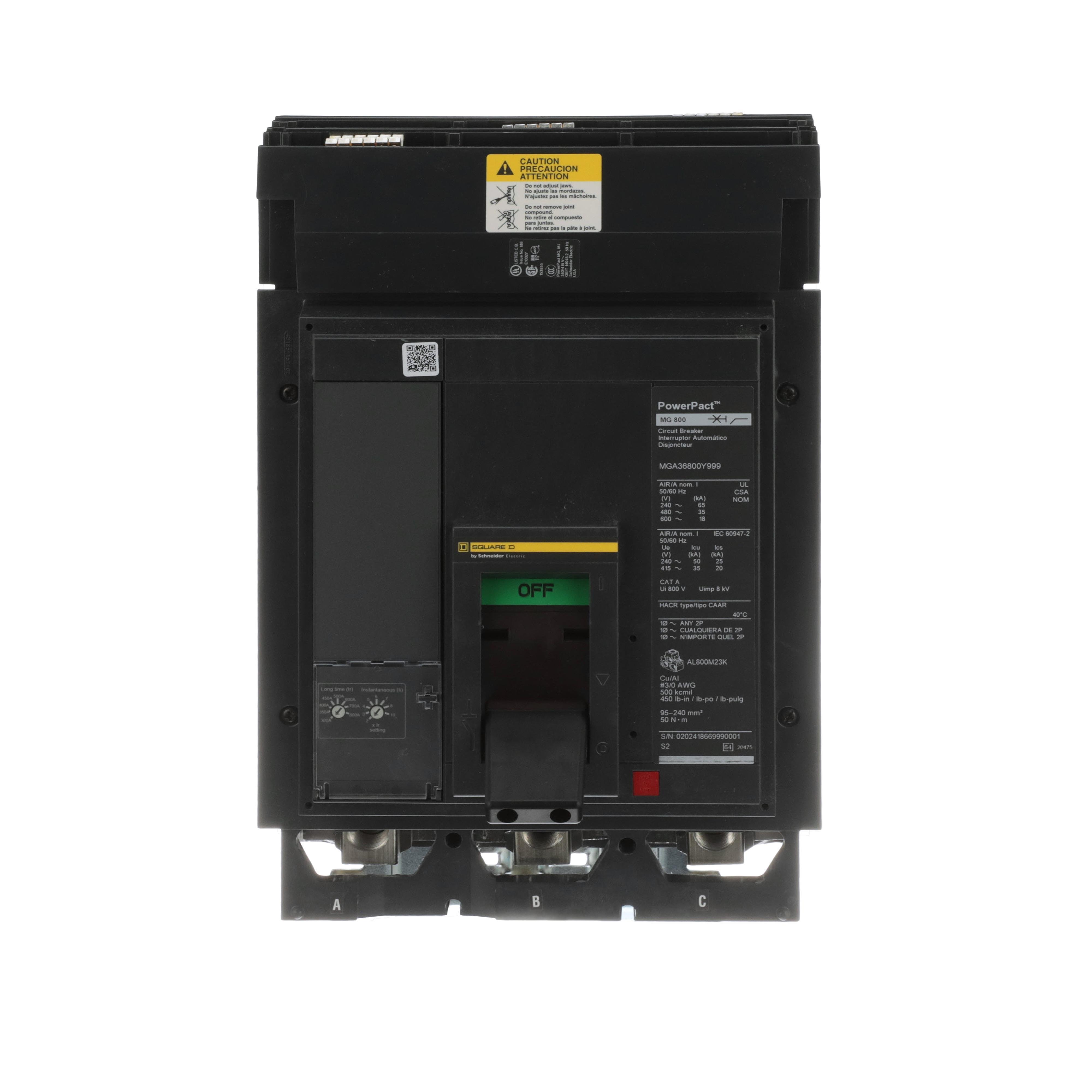 MGA26800E102 - Circuit breaker, PowerPacT M, 300A to 800A, 2 pole, 600VAC, 18kA, I-Line, adjustable trip, 80%, AC