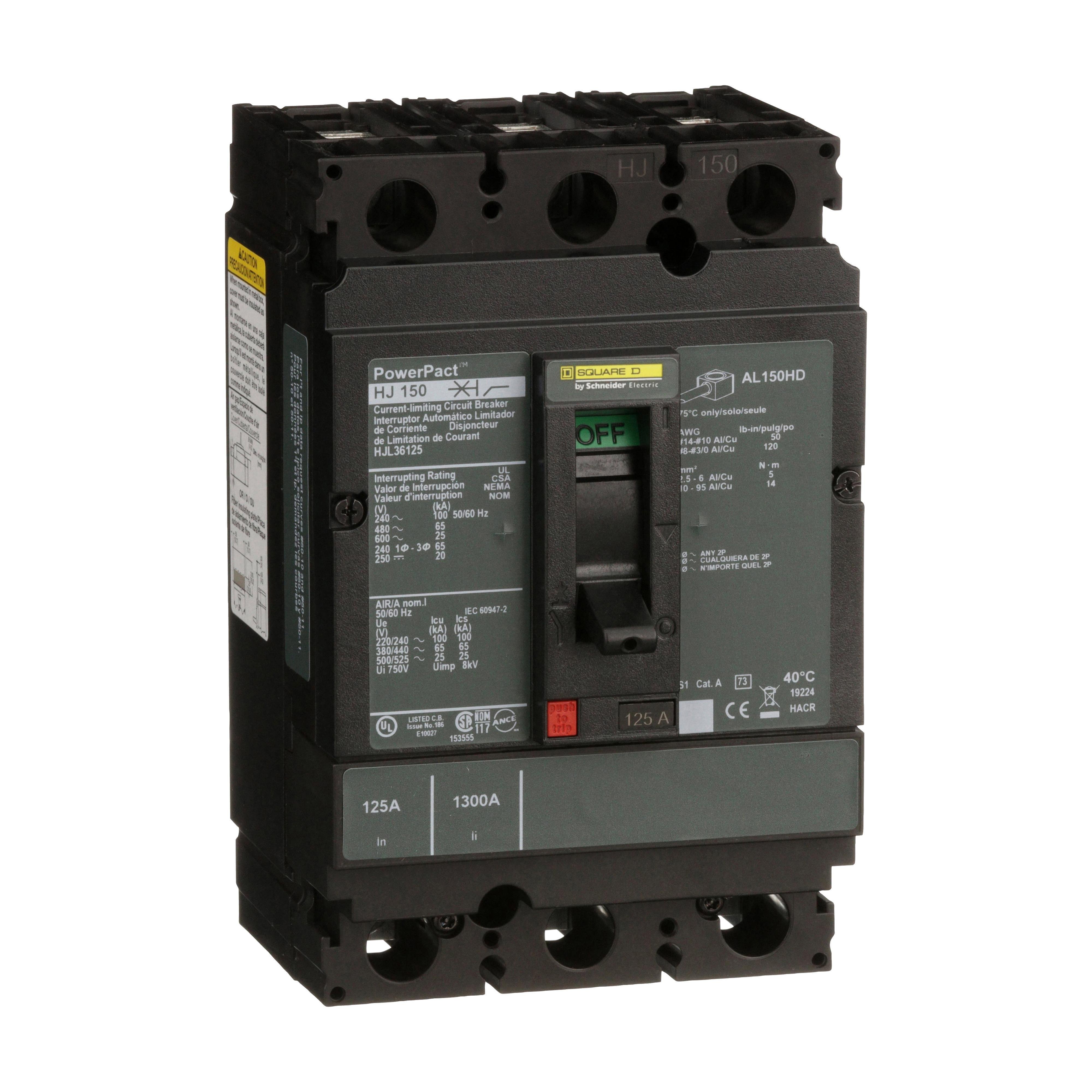 HJL36125 - Circuit breaker, PowerPacT H, 125A, 3 pole, 600VAC, 25kA, lugs, thermal magnetic, 80%