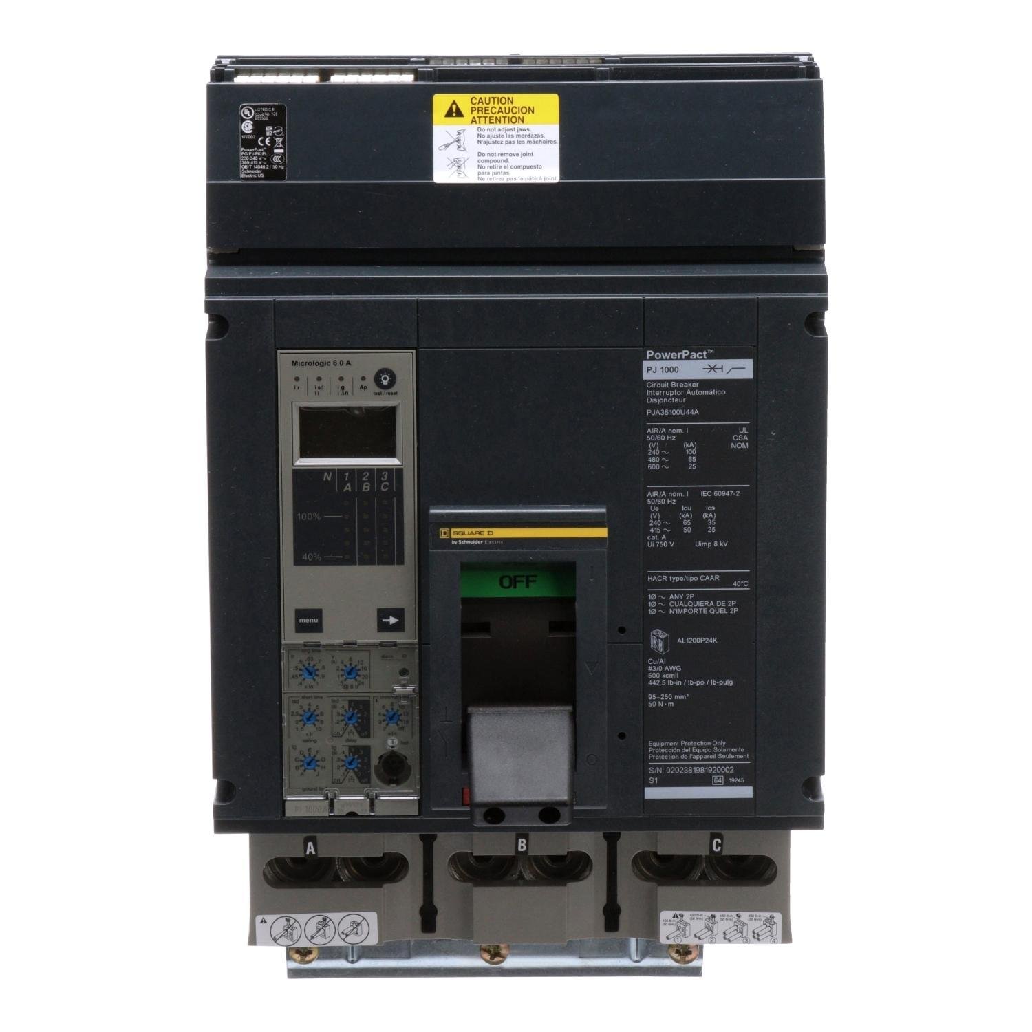 Picture of PJA36100U44A - Circuit breaker, PowerPacT P, 1000A, 3 pole, 600VAC, 25kA, I-Line, Micrologic 6.0A, 80%, ABC